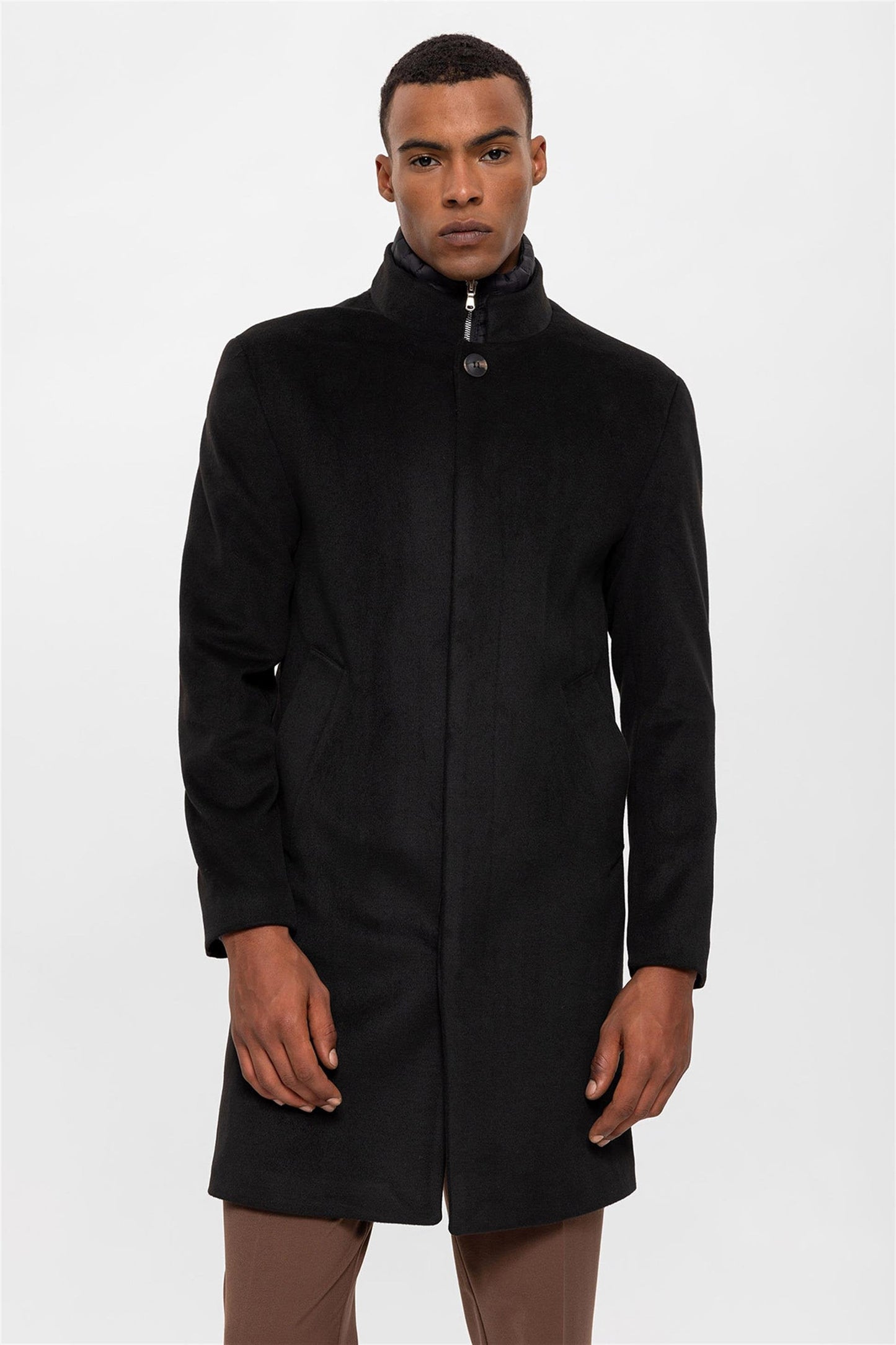 Black High Collar Men's Coat with Hidden Button Detail