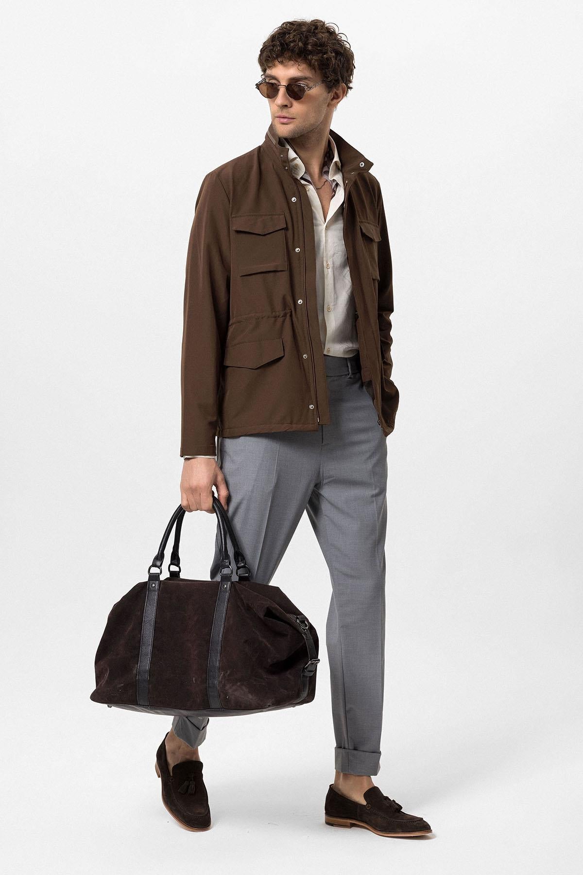 Men's Brown Stand Collar Safari Jacket