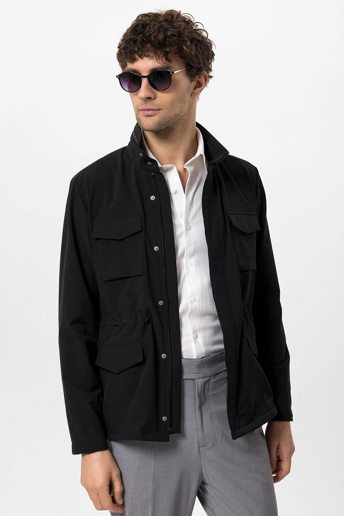 Men's Black Stand Collar Safari Jacket