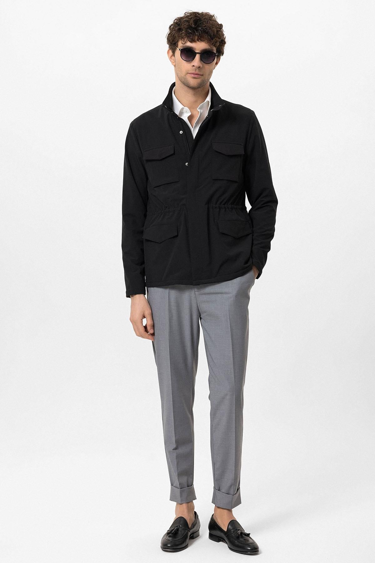 Men's Black Stand Collar Safari Jacket