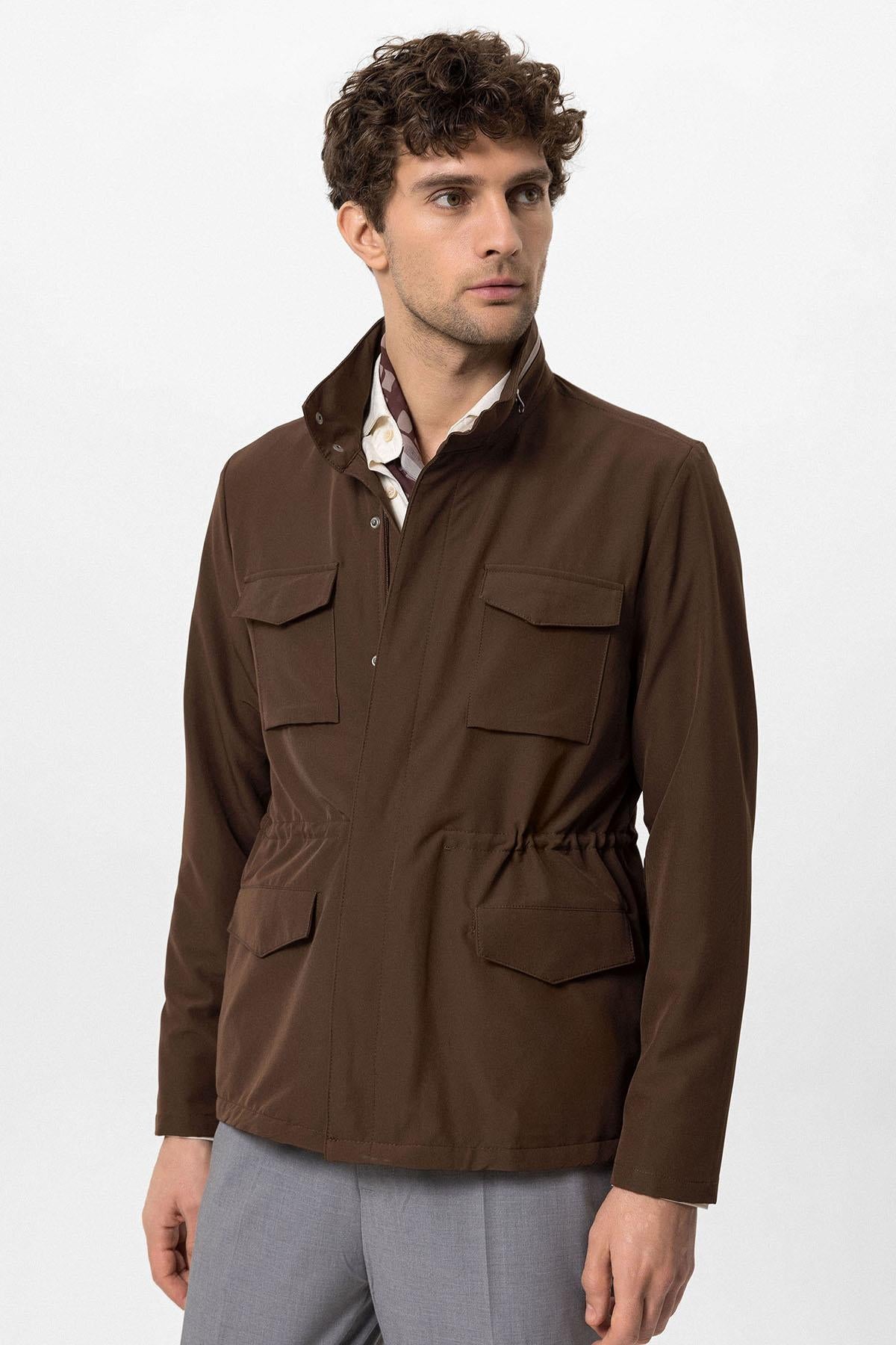 Men's Brown Stand Collar Safari Jacket