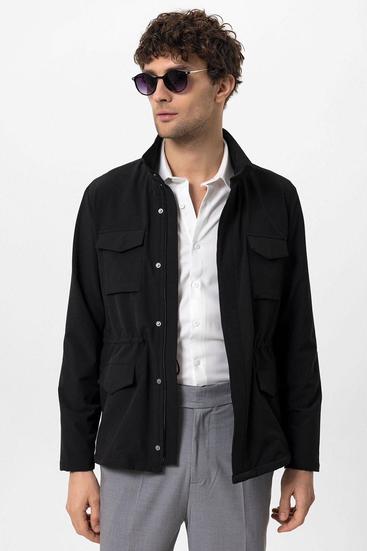 Men's Black Stand Collar Safari Jacket