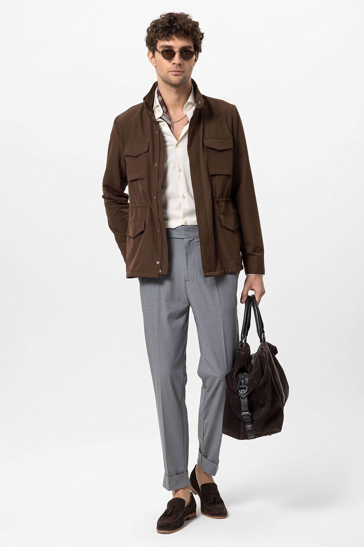 Men's Brown Stand Collar Safari Jacket