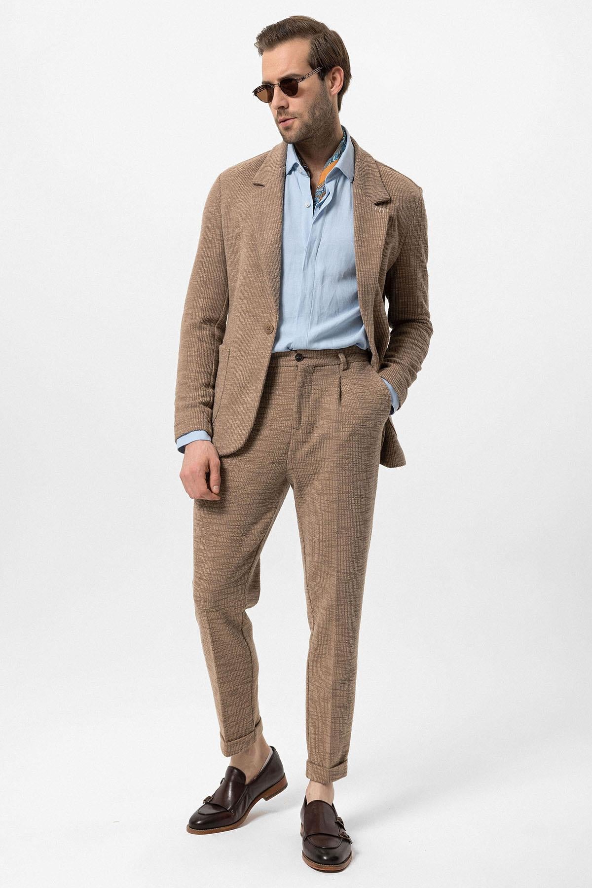 Men's Light Brown Textured Plain Blazer