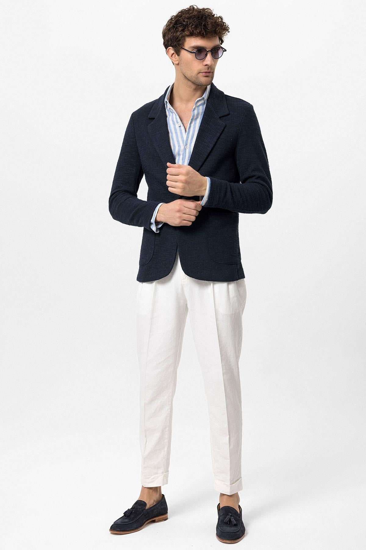 Men's Navy Blue Textured Plain Blazer