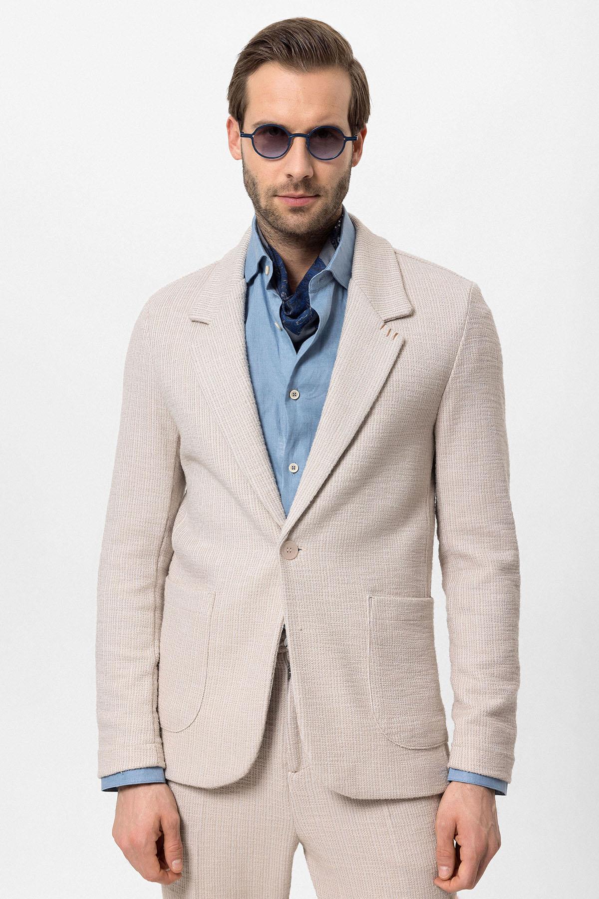 Men's Beige Textured Plain Blazer