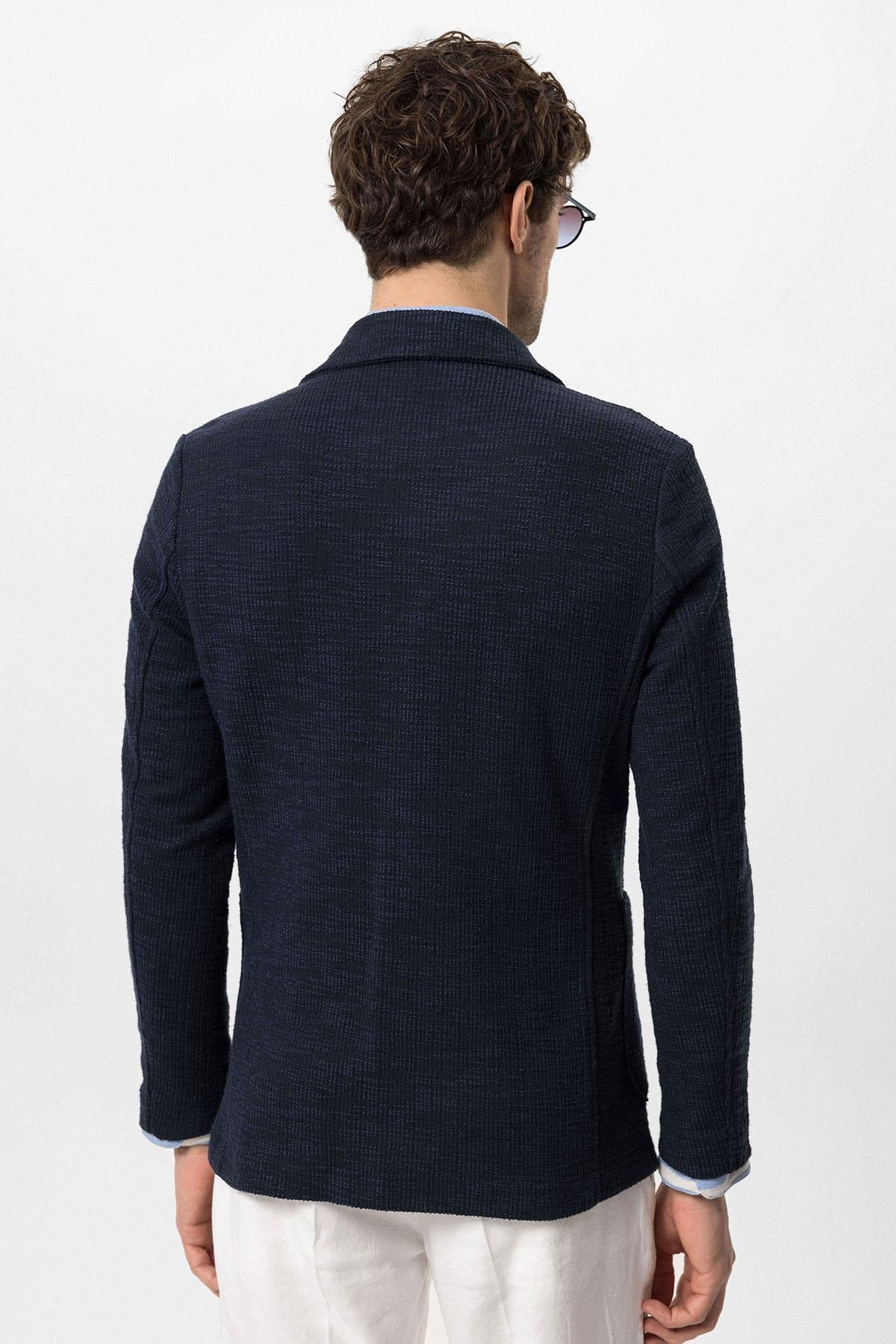 Men's Navy Blue Textured Plain Blazer