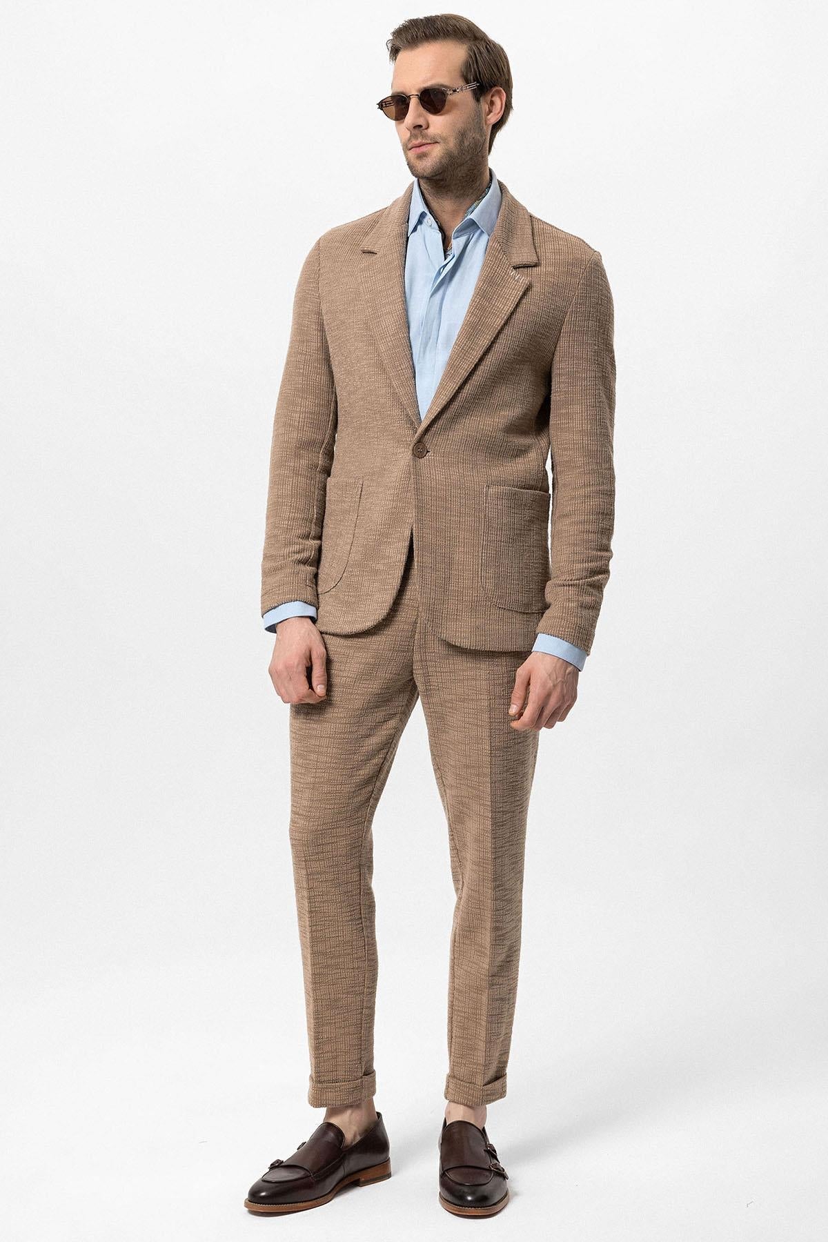 Men's Light Brown Textured Plain Blazer