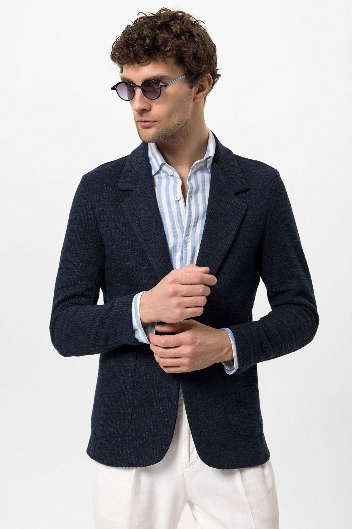 Men's Navy Blue Textured Plain Blazer