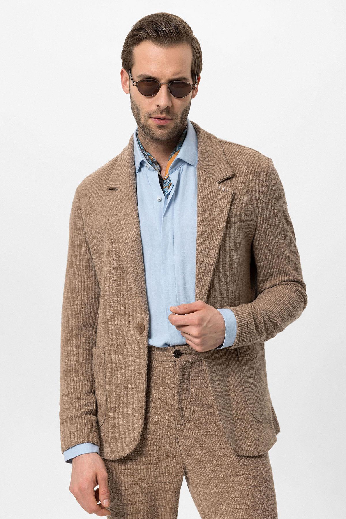 Men's Light Brown Textured Plain Blazer