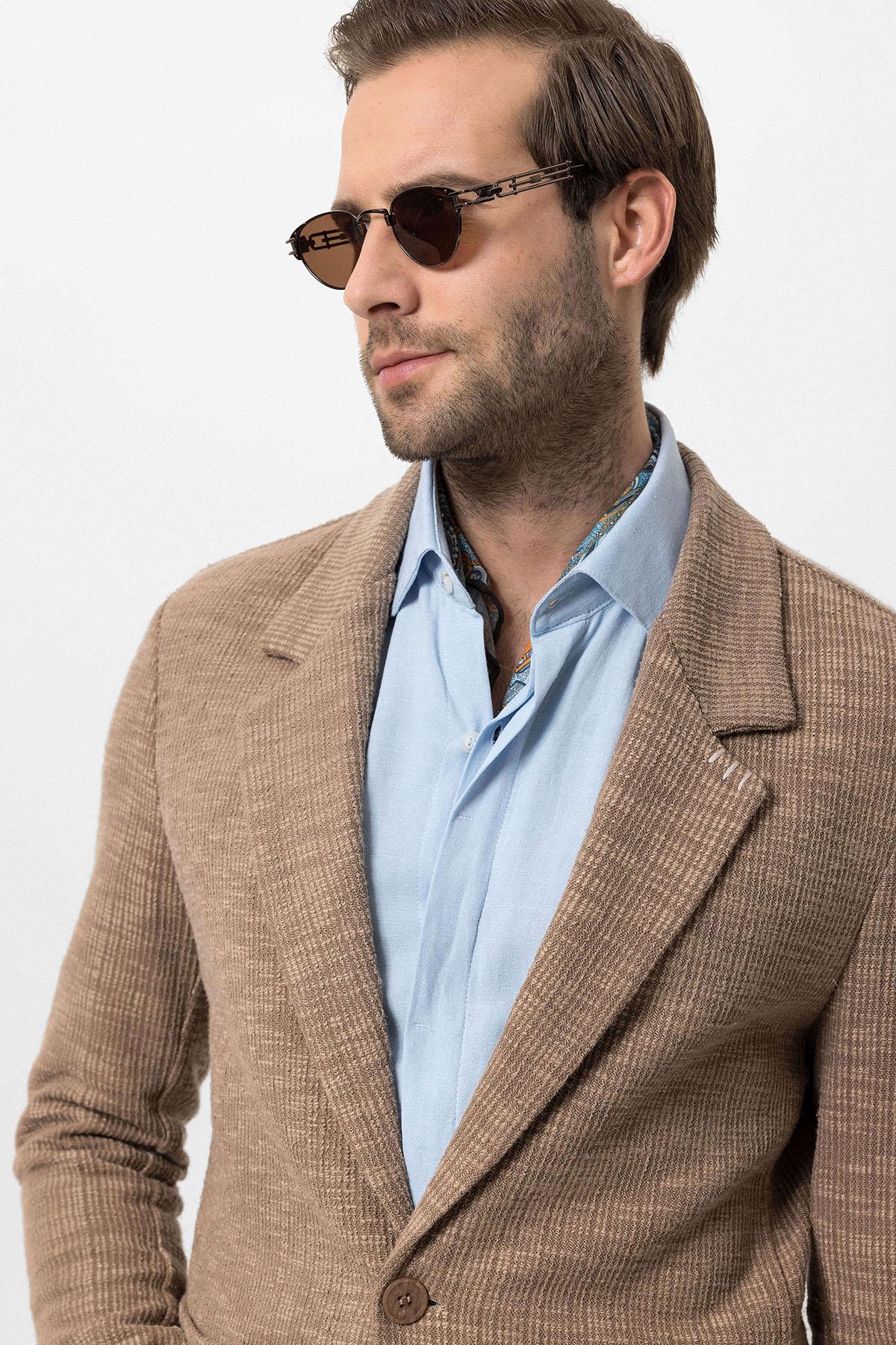 Men's Light Brown Textured Plain Blazer