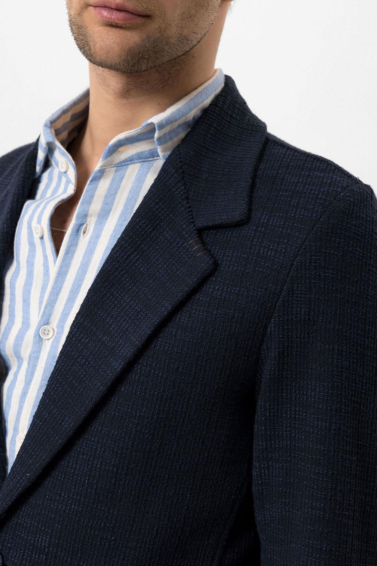 Men's Navy Blue Textured Plain Blazer