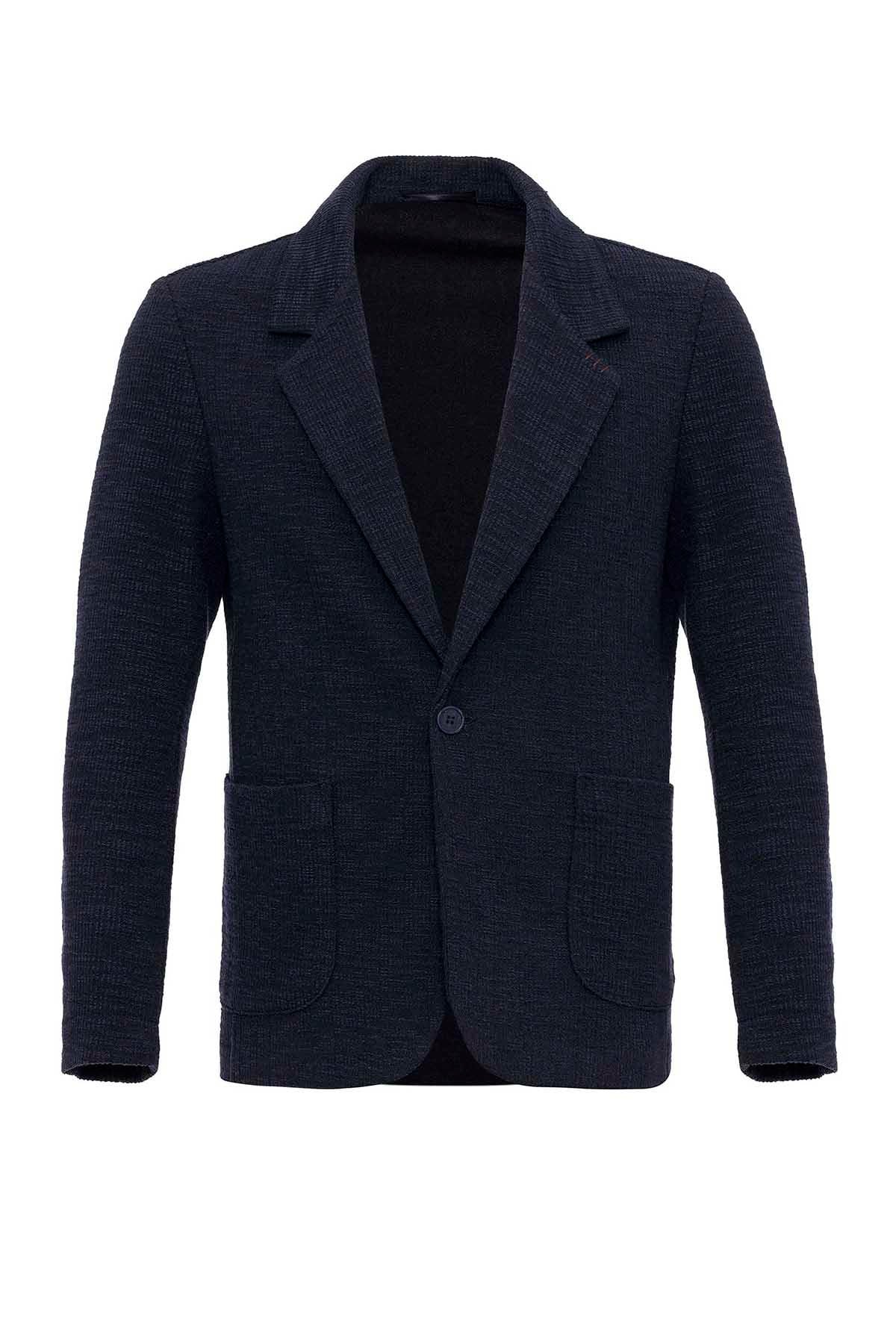 Men's Navy Blue Textured Plain Blazer