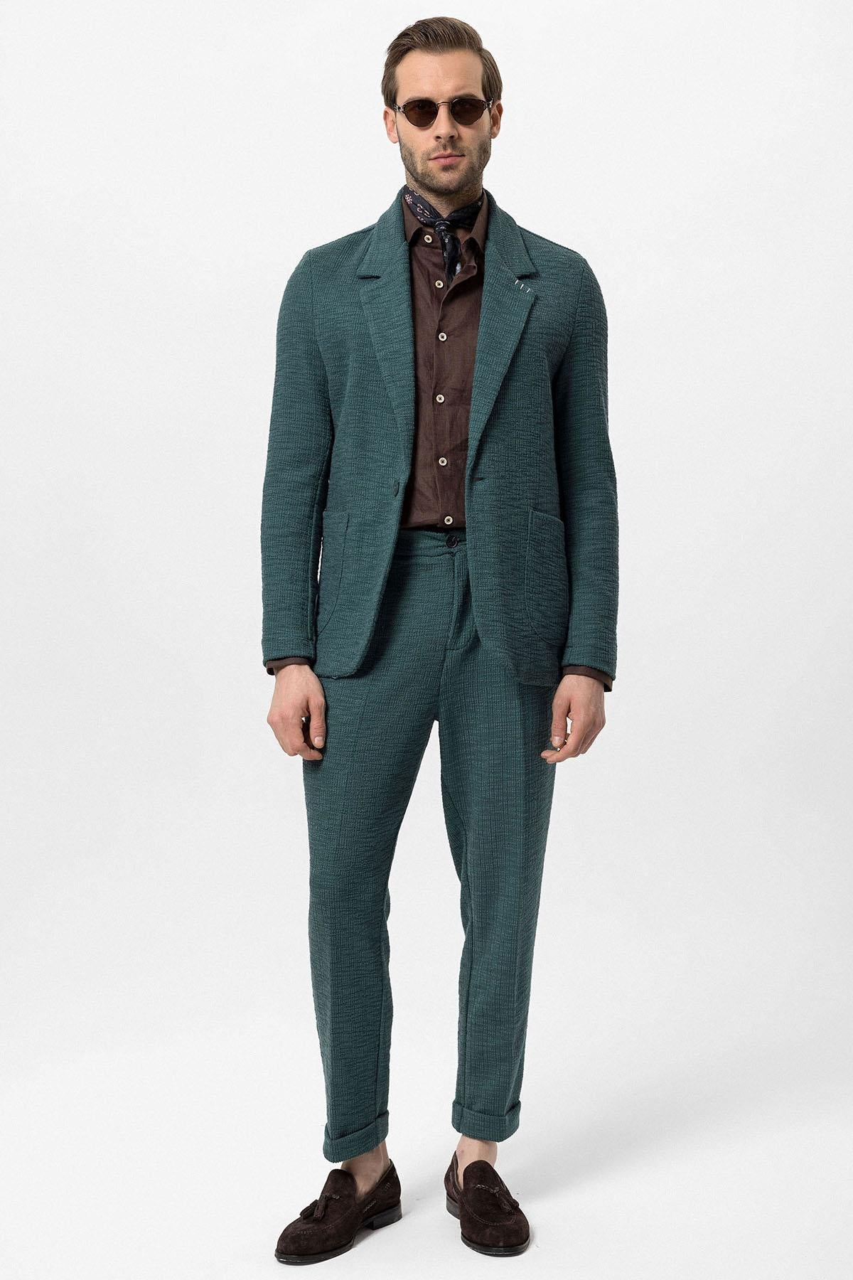 Men's Green Textured Plain Blazer