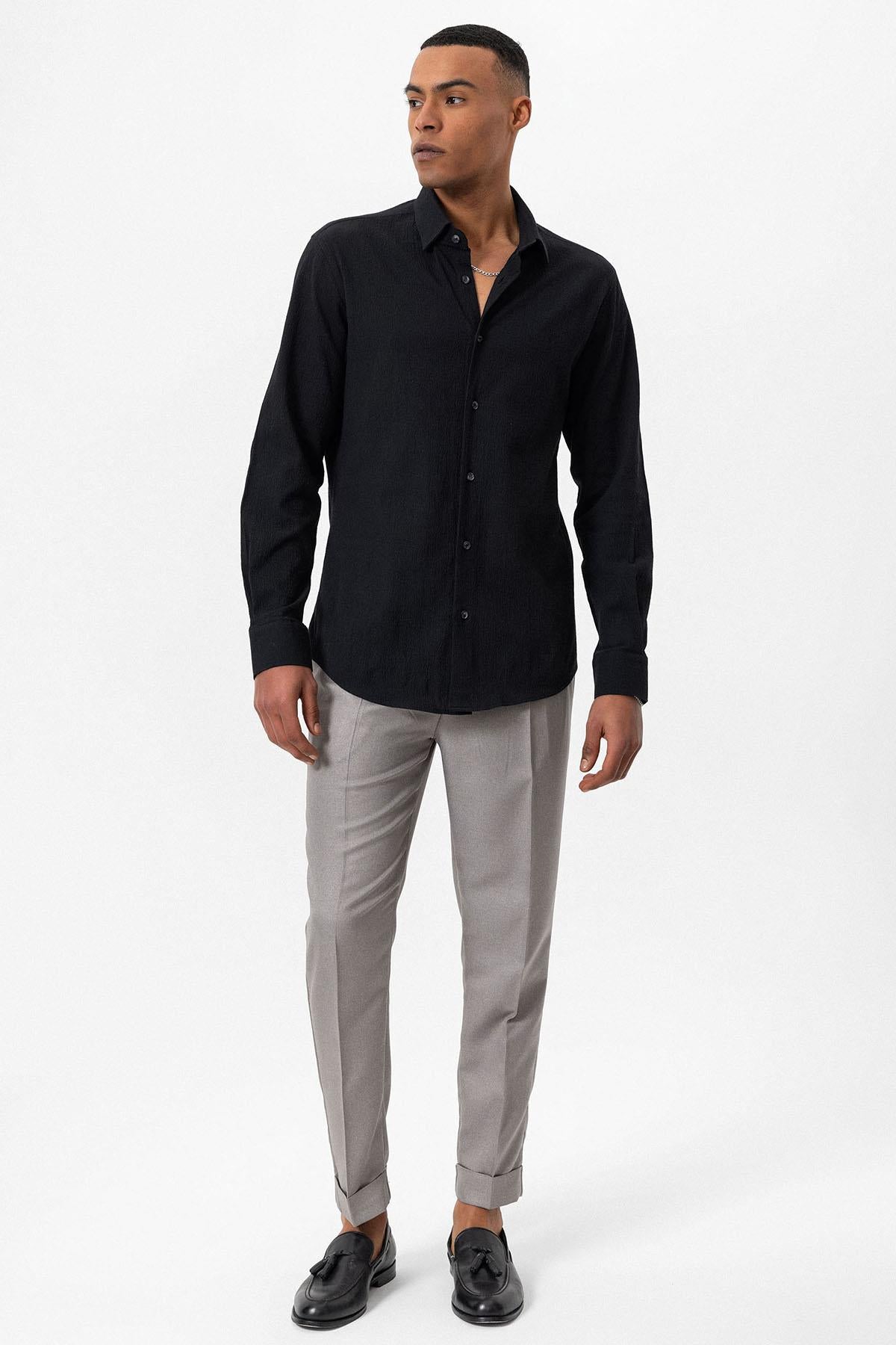 Men's Black Textured Regular Fit Shirt