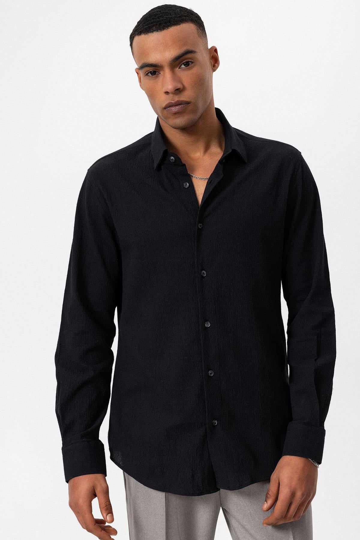 Men's Black Textured Regular Fit Shirt