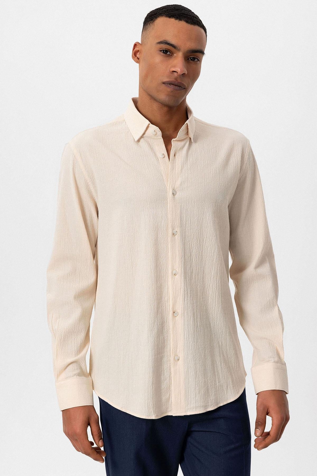 Men's Ecru Textured Regular Fit Shirt