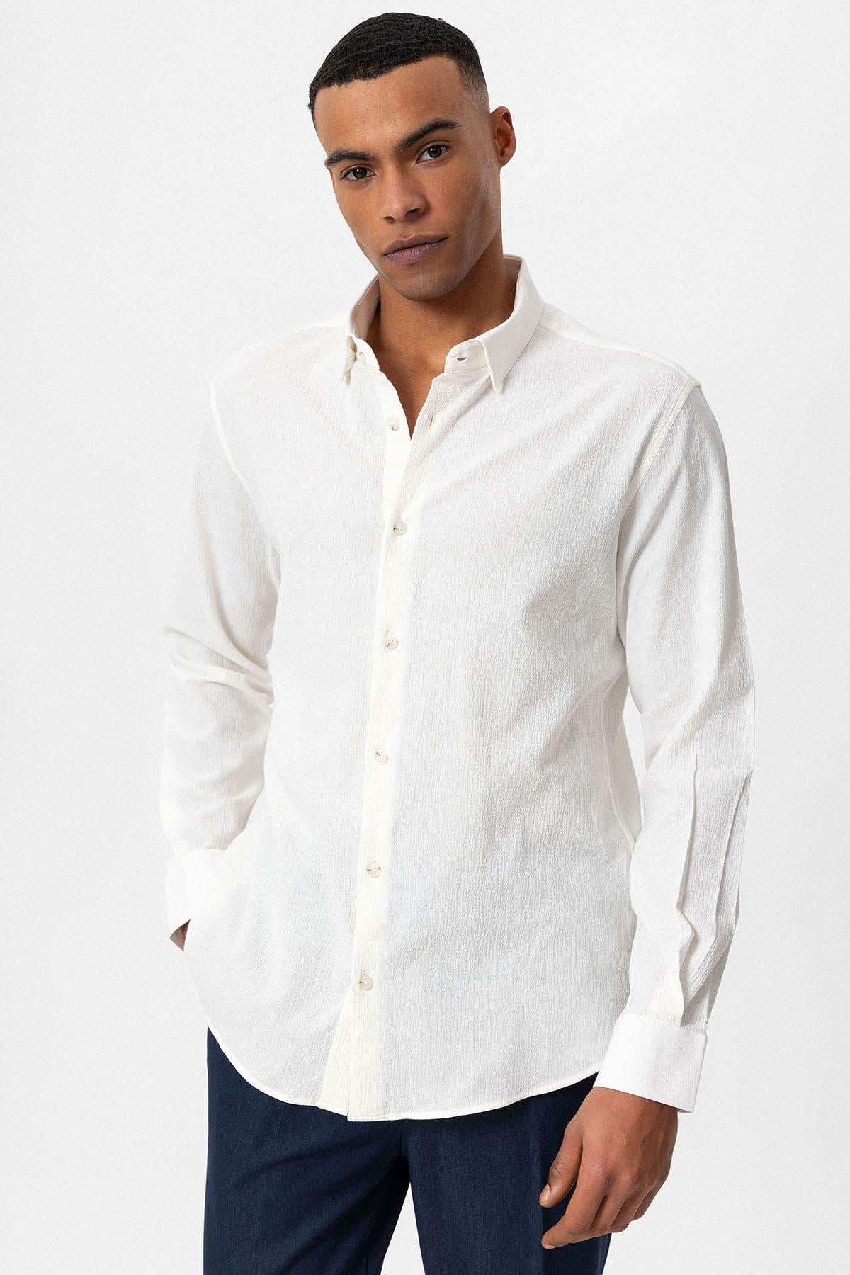 Men's White Textured Regular Fit Shirt