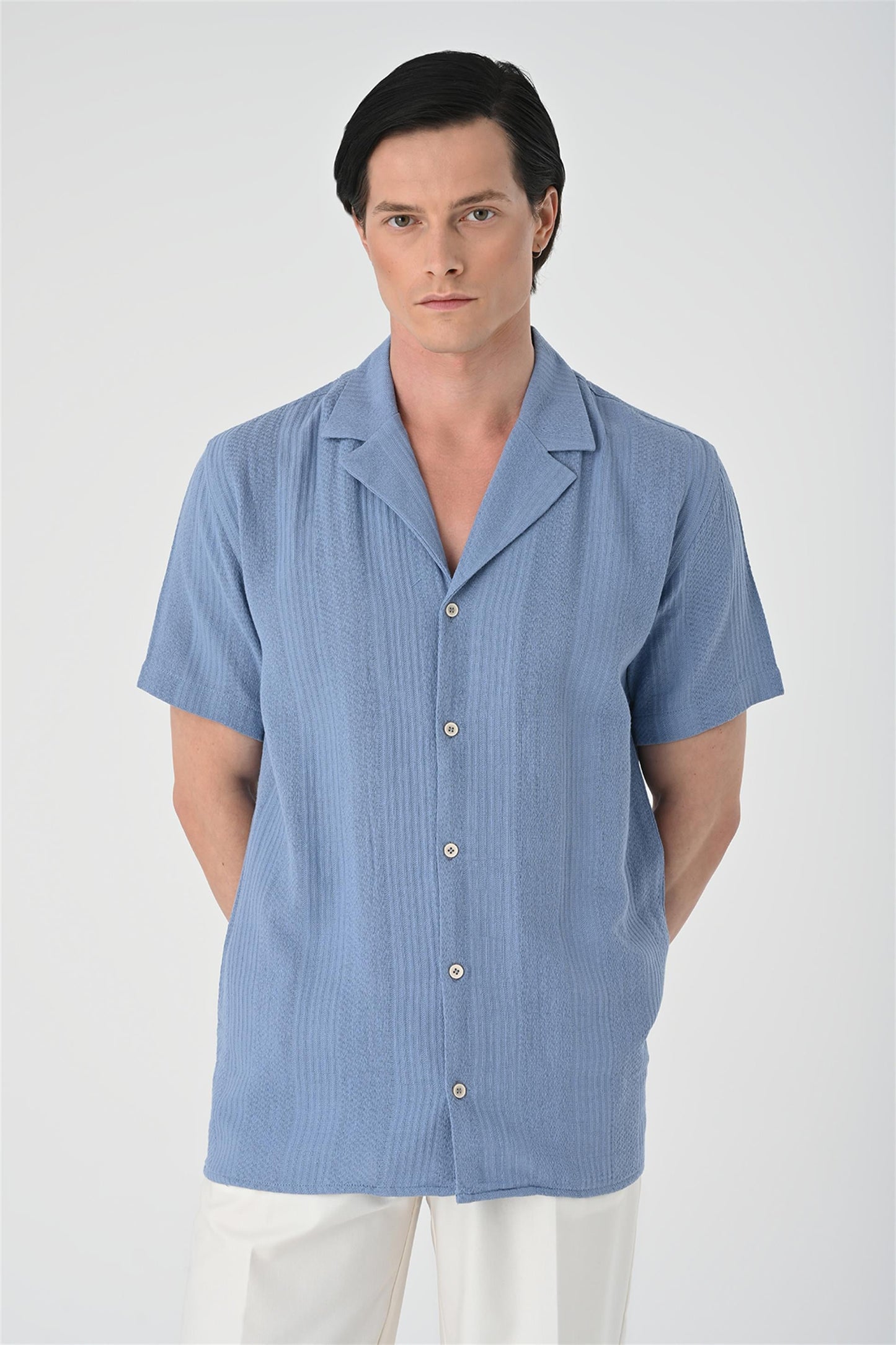 KOALA SYDNEY Men's Light Blue Woven Patterned Short Sleeve Shirt -