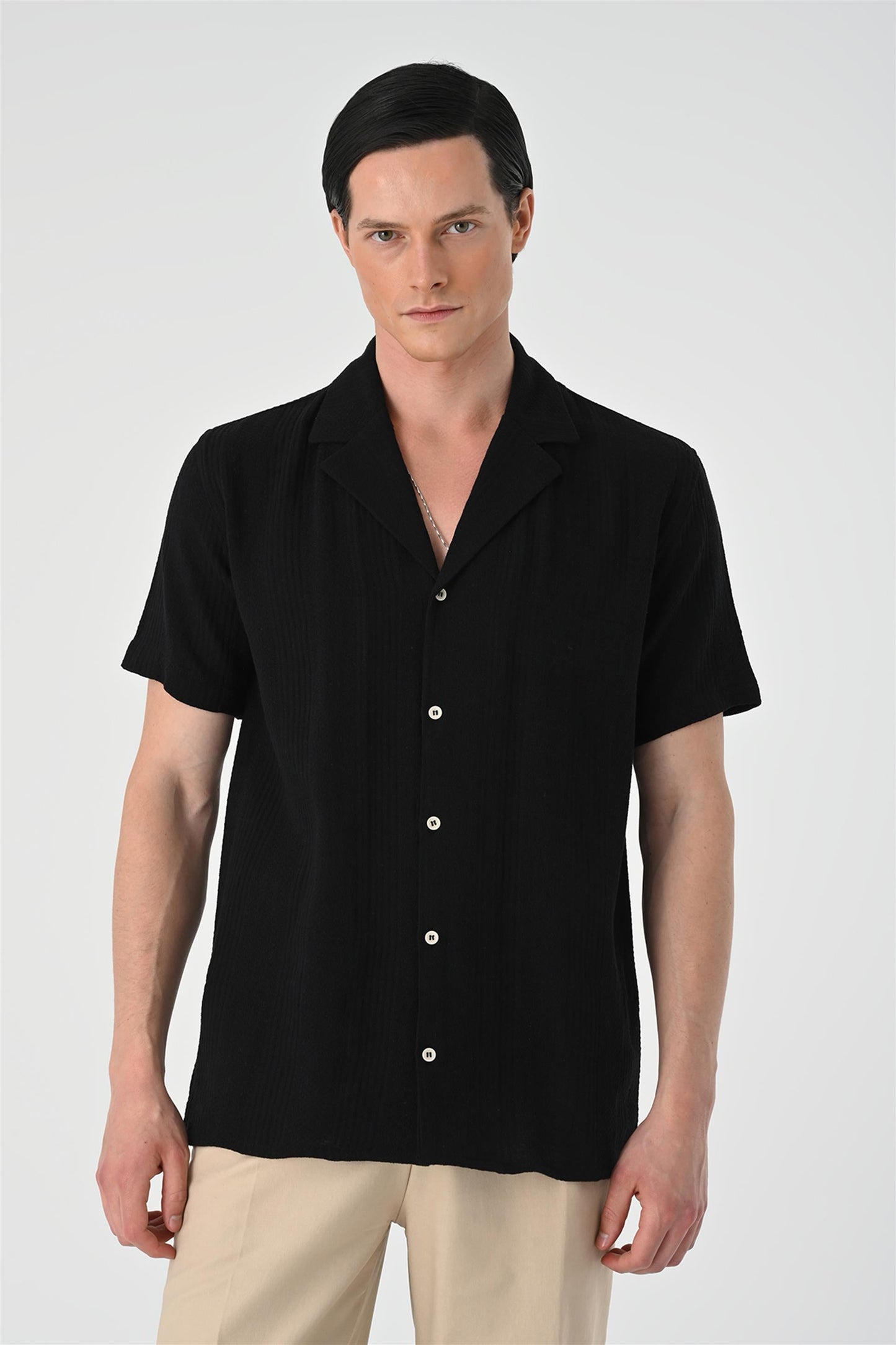 KOALA SYDNEY Men's Black Woven Patterned Short Sleeve Shirt -
