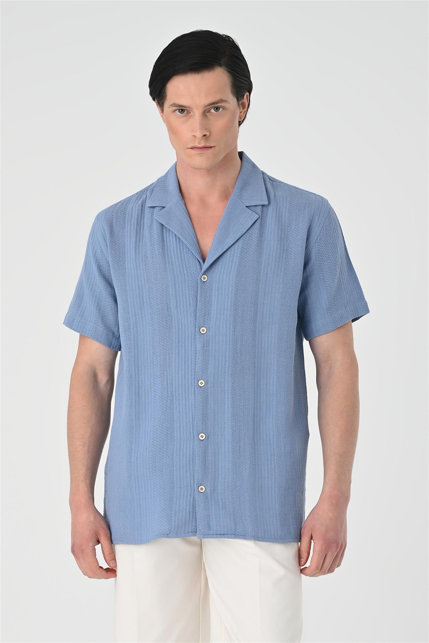 KOALA SYDNEY Men's Light Blue Woven Patterned Short Sleeve Shirt -