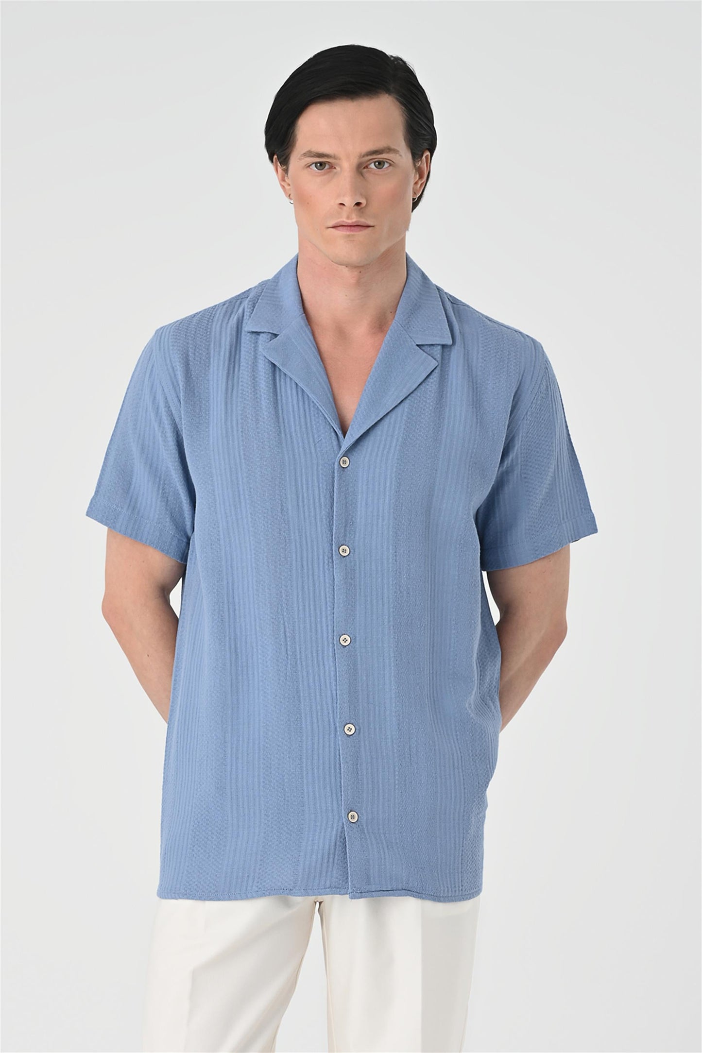 KOALA SYDNEY Men's Light Blue Woven Patterned Short Sleeve Shirt -