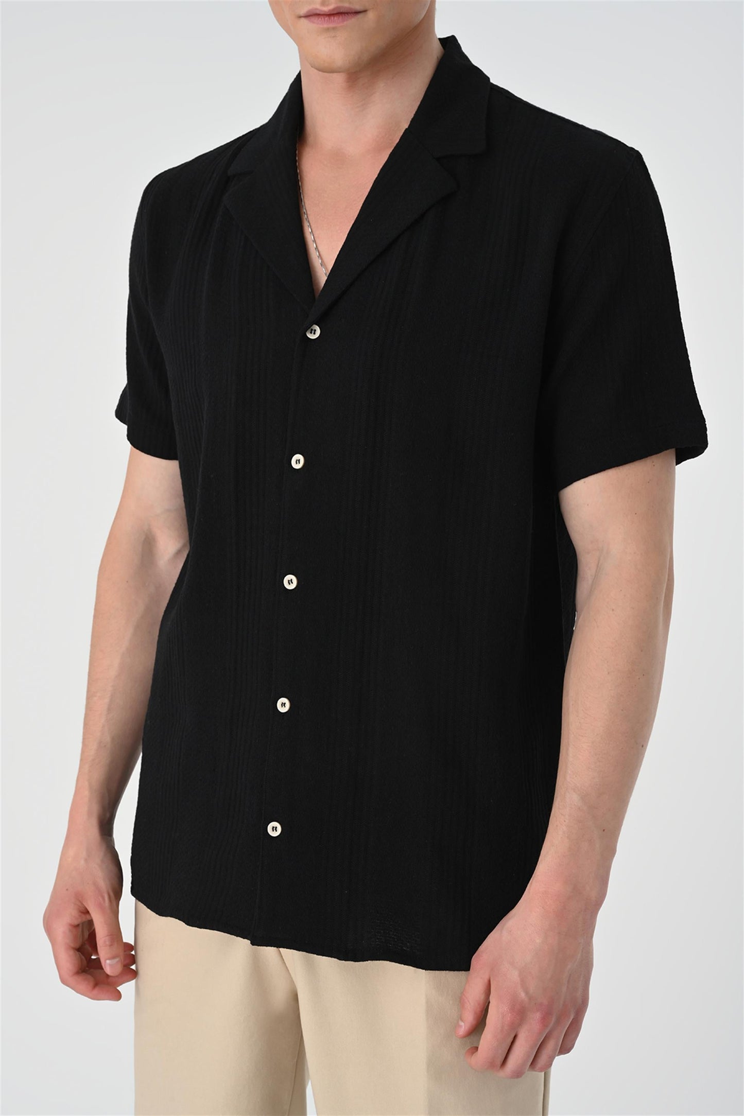 KOALA SYDNEY Men's Black Woven Patterned Short Sleeve Shirt -