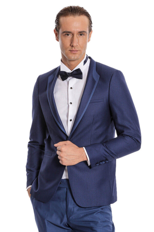 Dot Patterned Dark Blue Tuxedo - Wessi
