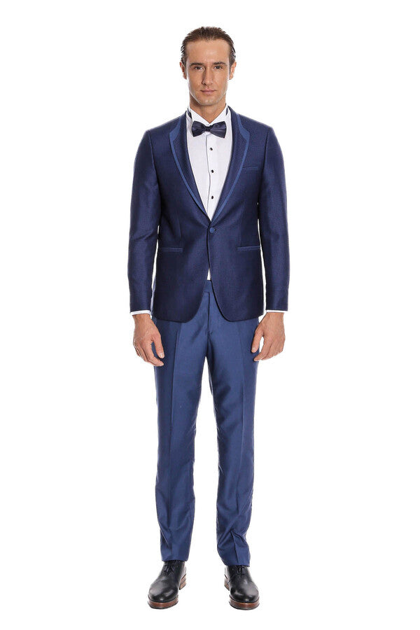 Dot Patterned Dark Blue Tuxedo - Wessi