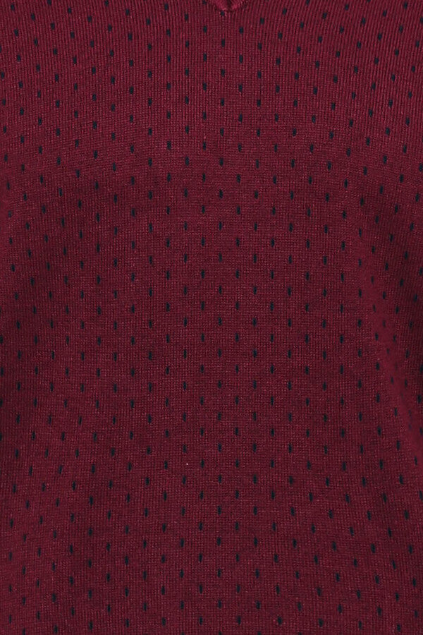 Dot Patterned V Neck Burgundy Sweater