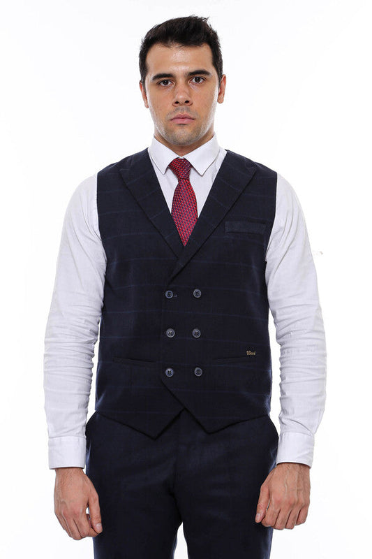 Double Breasted Plaid Navy Blue Men's Vest