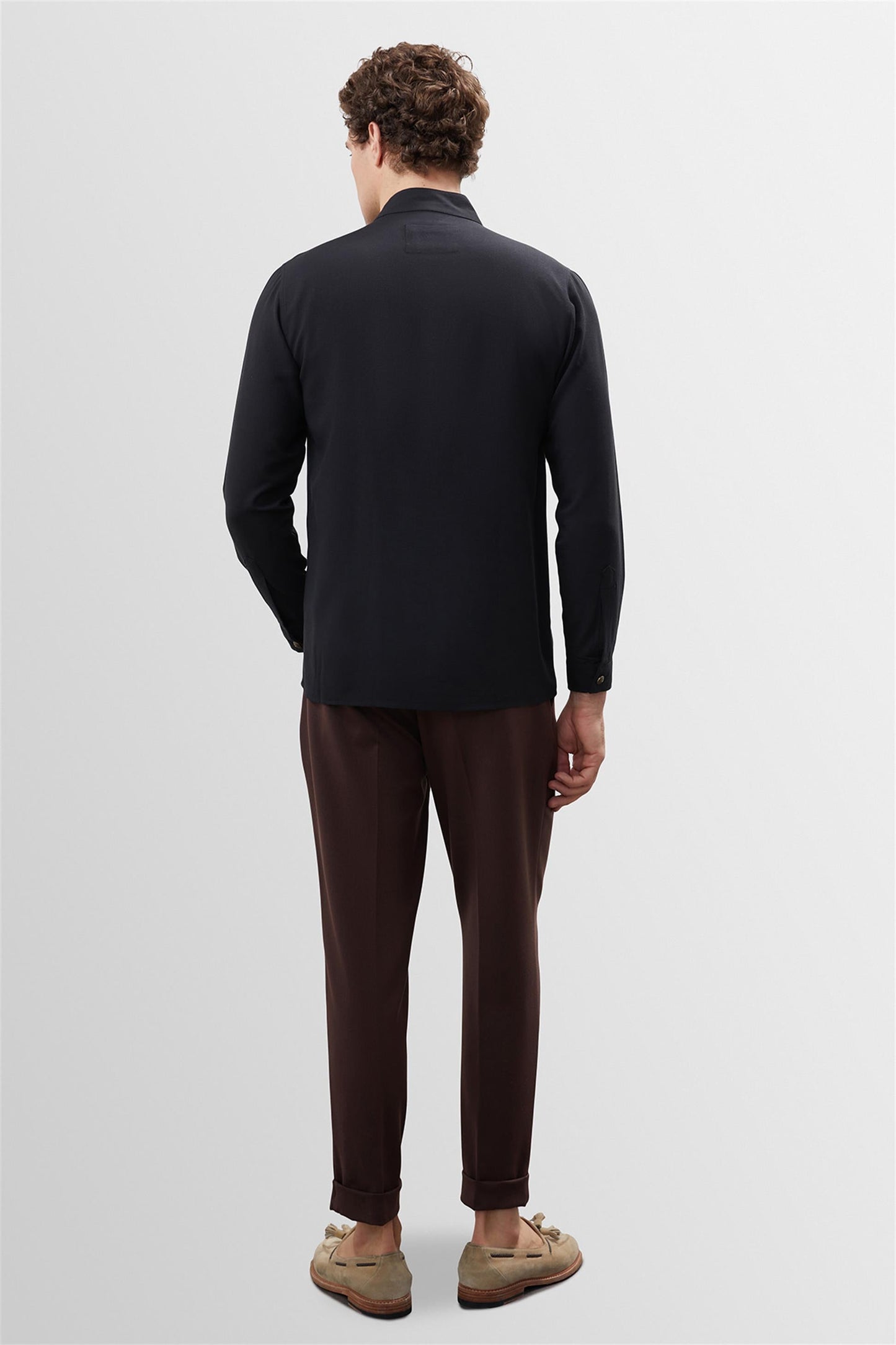 Men's Black Button Detailed Stand Up Collar Shirt -