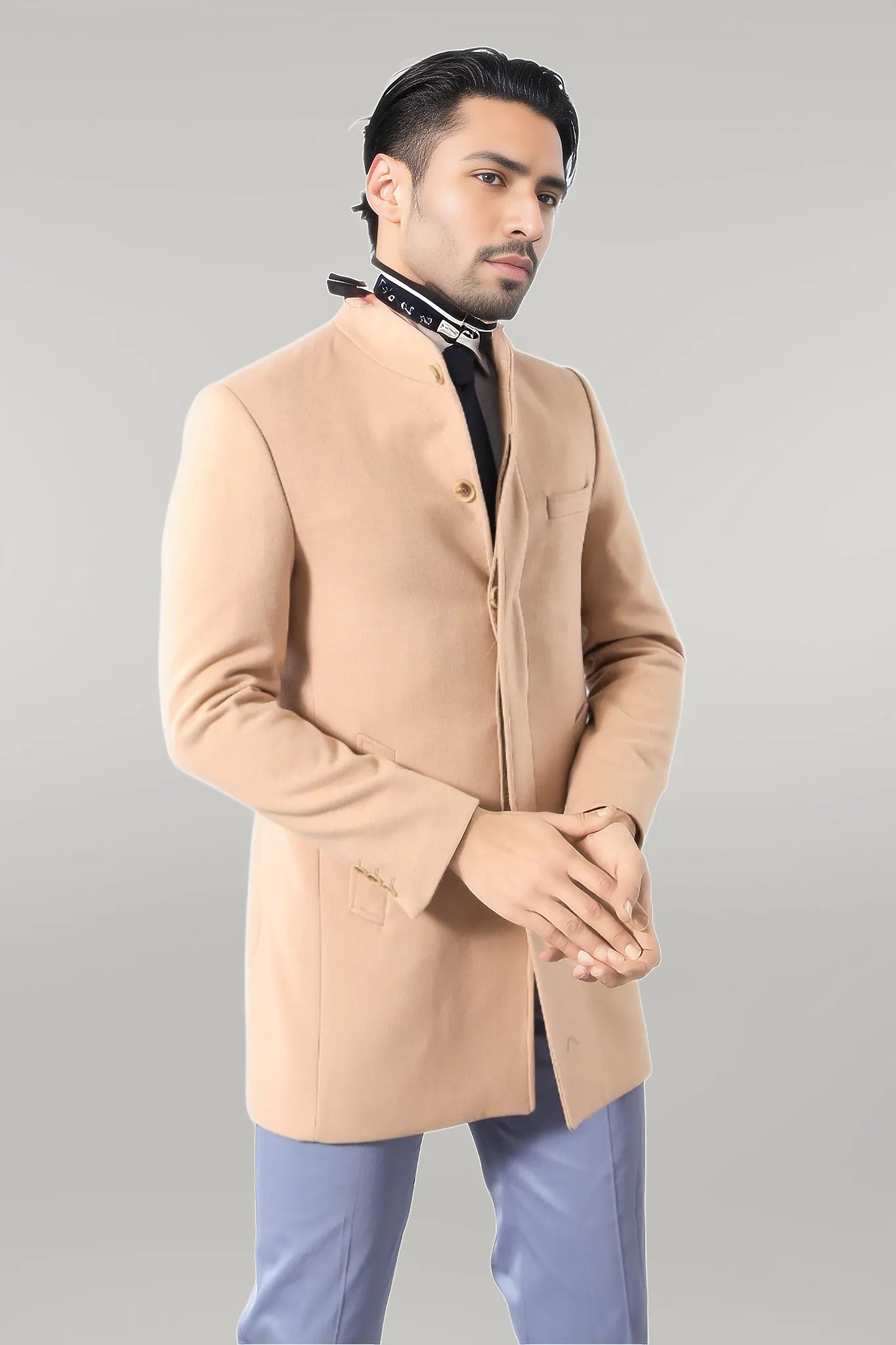 Mandarin Collar Beige Men's Long Men's Coat