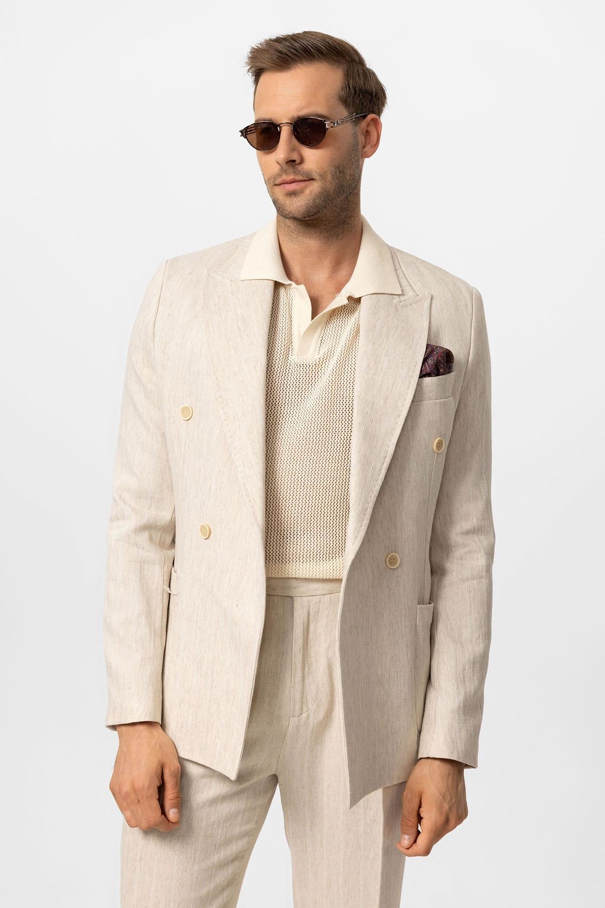 KOALA SYDNEY Men's Ecru-White Linen Blend Double-Breasted Jacket