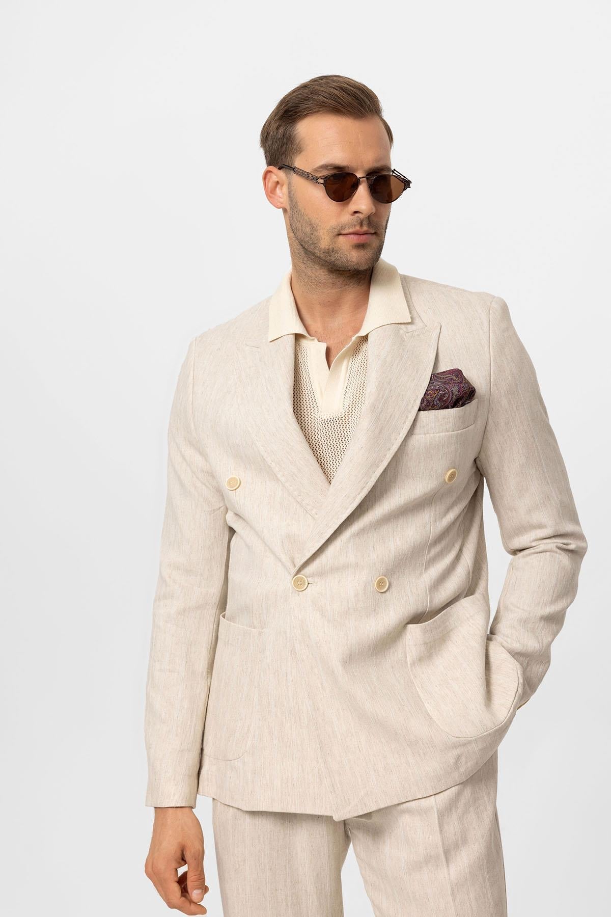 KOALA SYDNEY Men's Ecru-White Linen Blend Double-Breasted Jacket