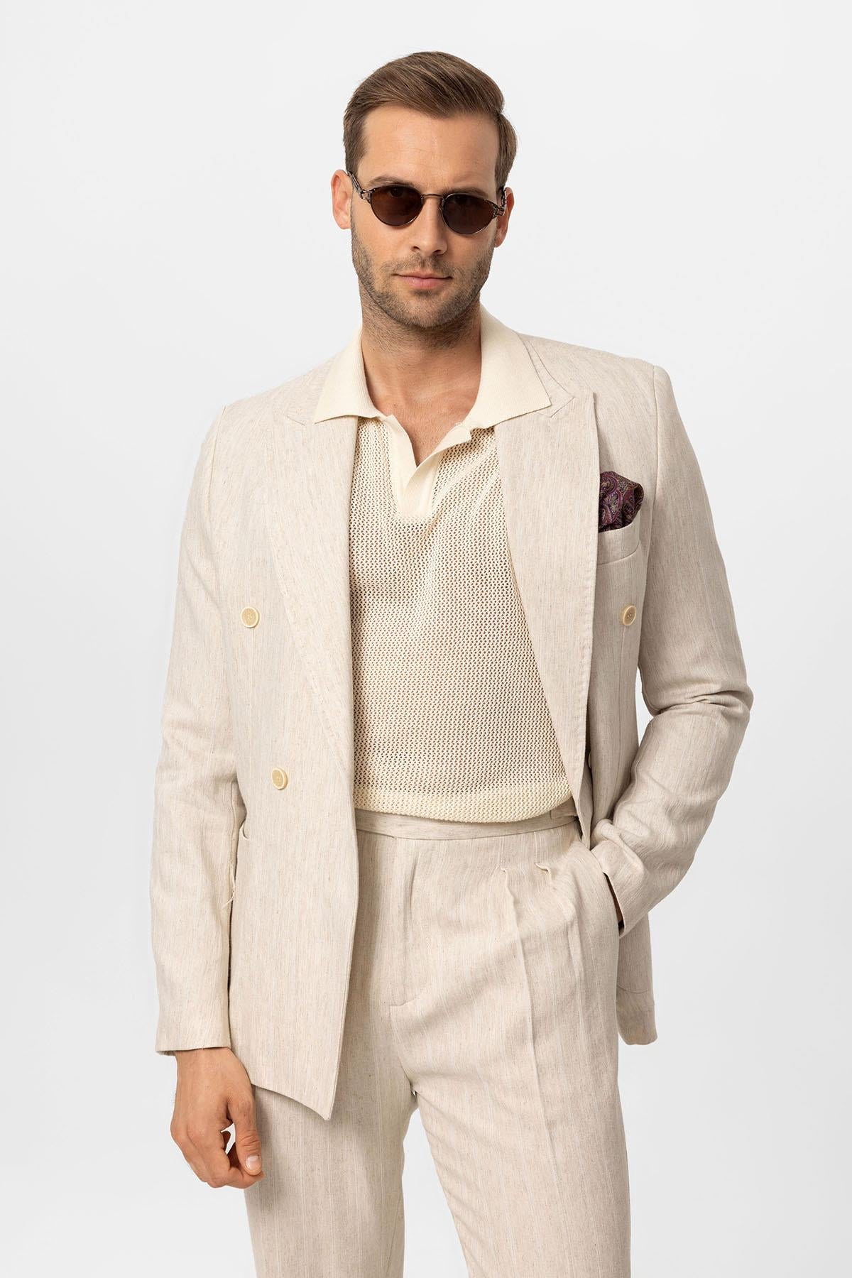 KOALA SYDNEY Men's Ecru-White Linen Blend Double-Breasted Jacket