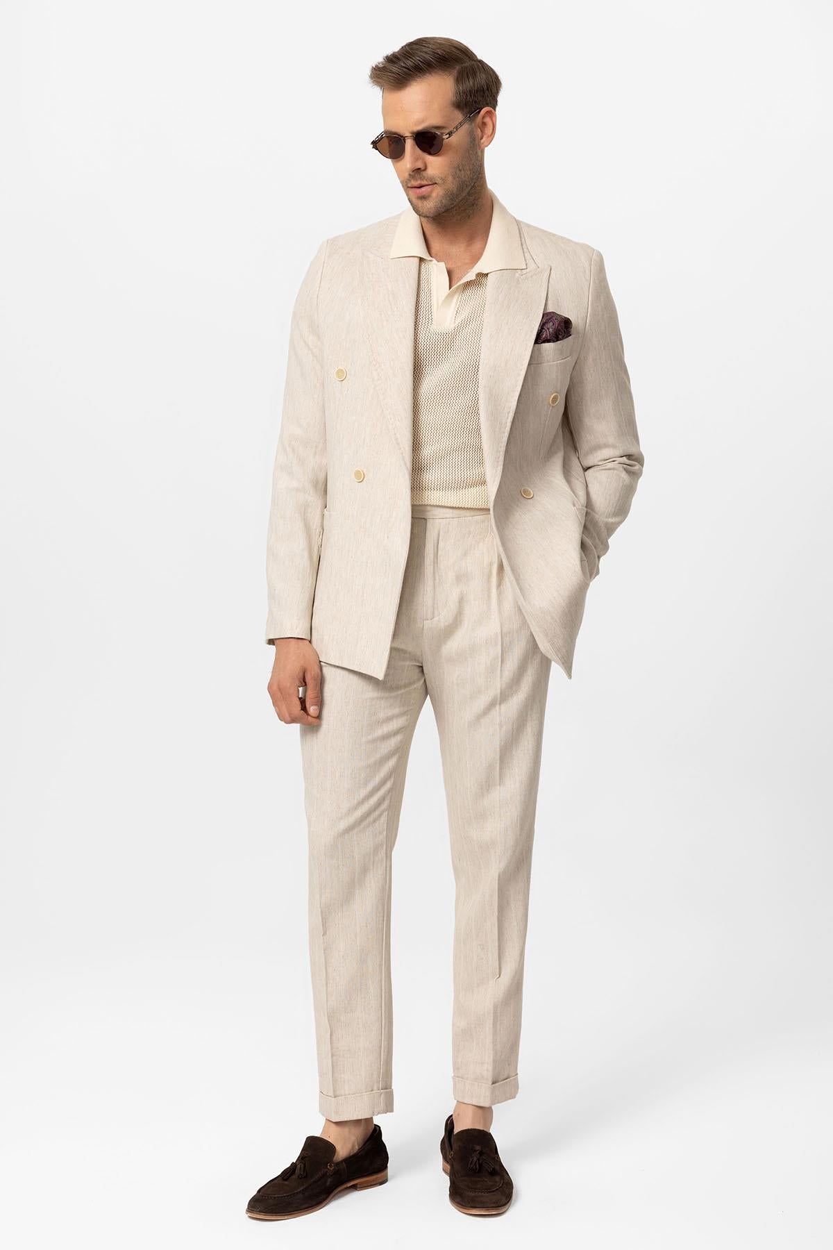 KOALA SYDNEY Men's Ecru-White Linen Blend Double-Breasted Jacket