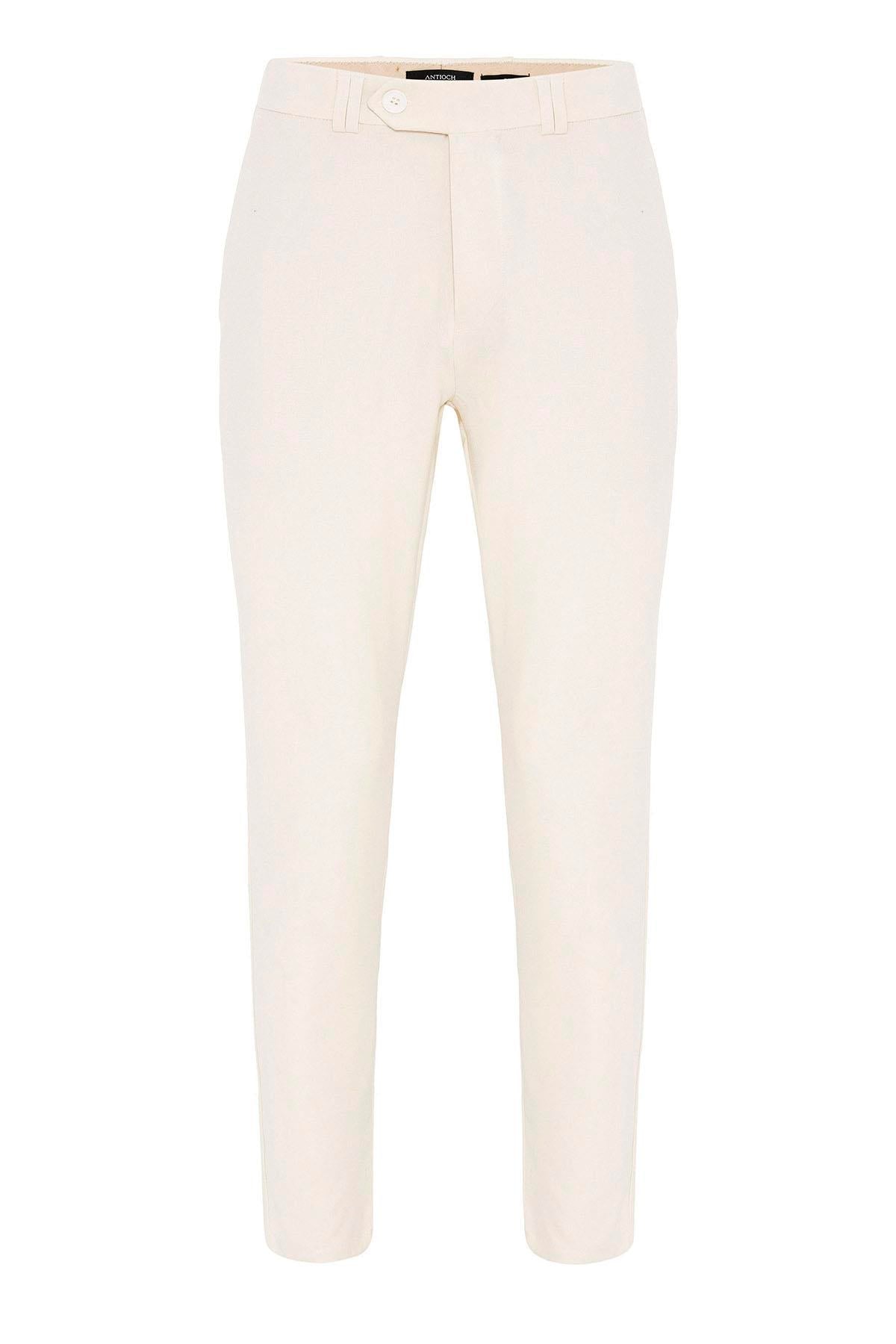 Ecru Men's Slim Fit Plain Accessory Fabric Trousers