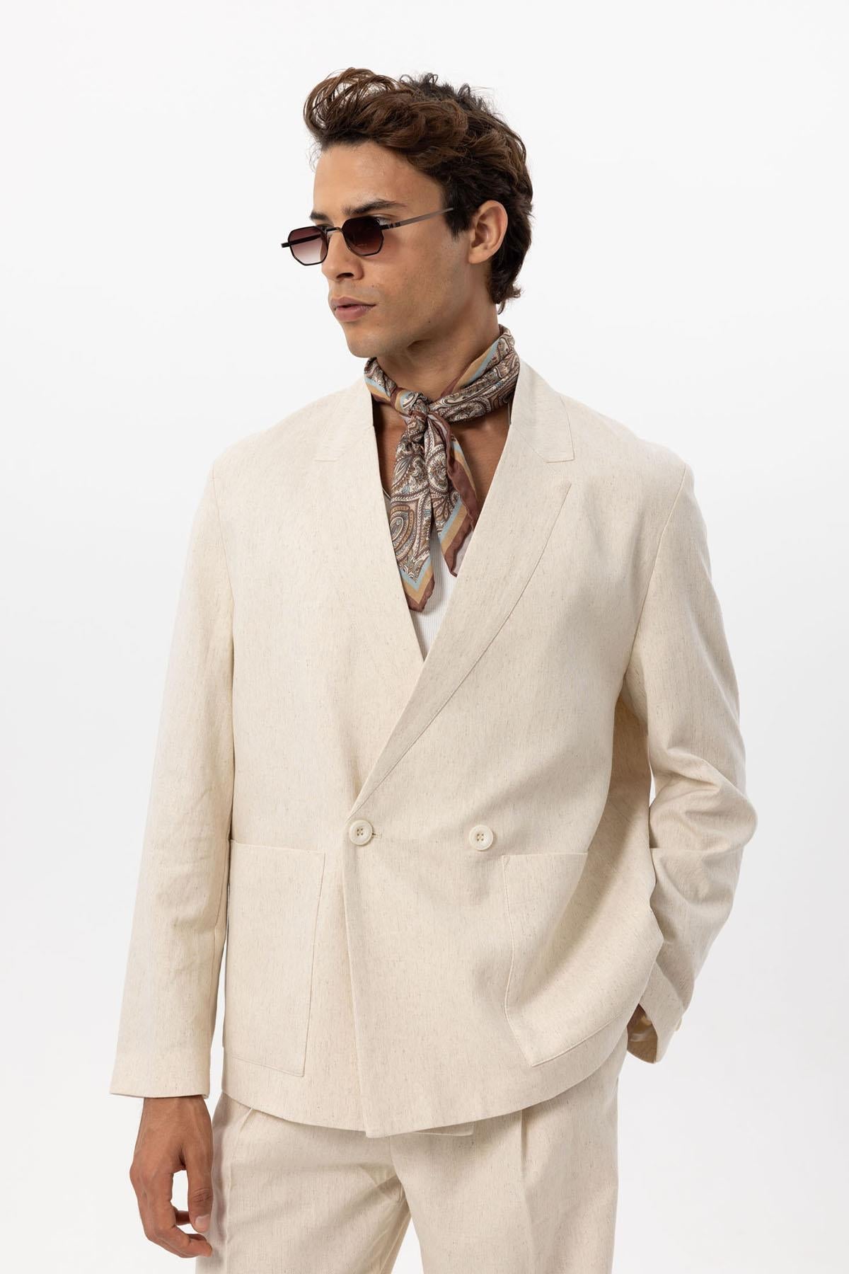 KOALA SYDNEY Men's Ecru Linen Blend Double-Breasted Jacket