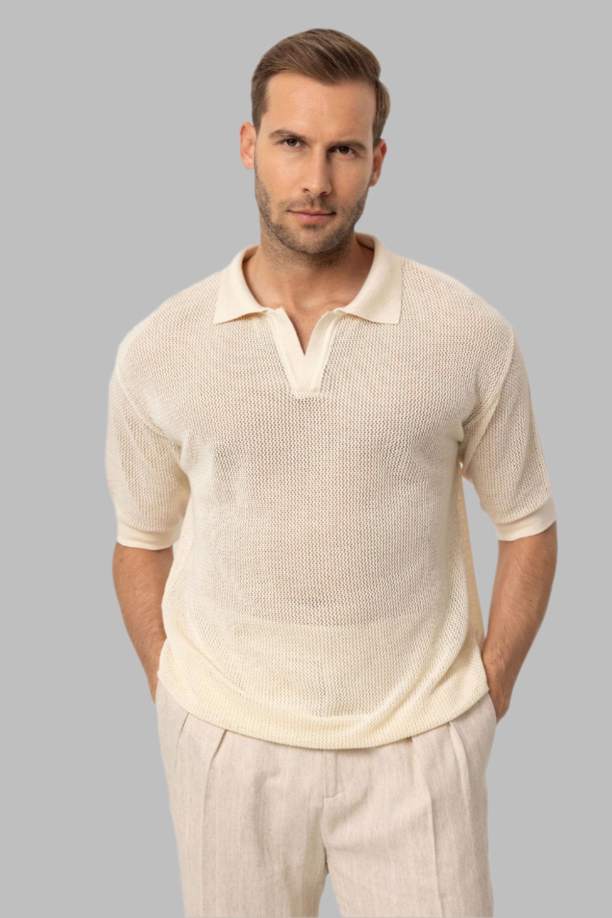 KOALA SYDNEY Men's Ecru Polo Collar Knit T-Shirt
