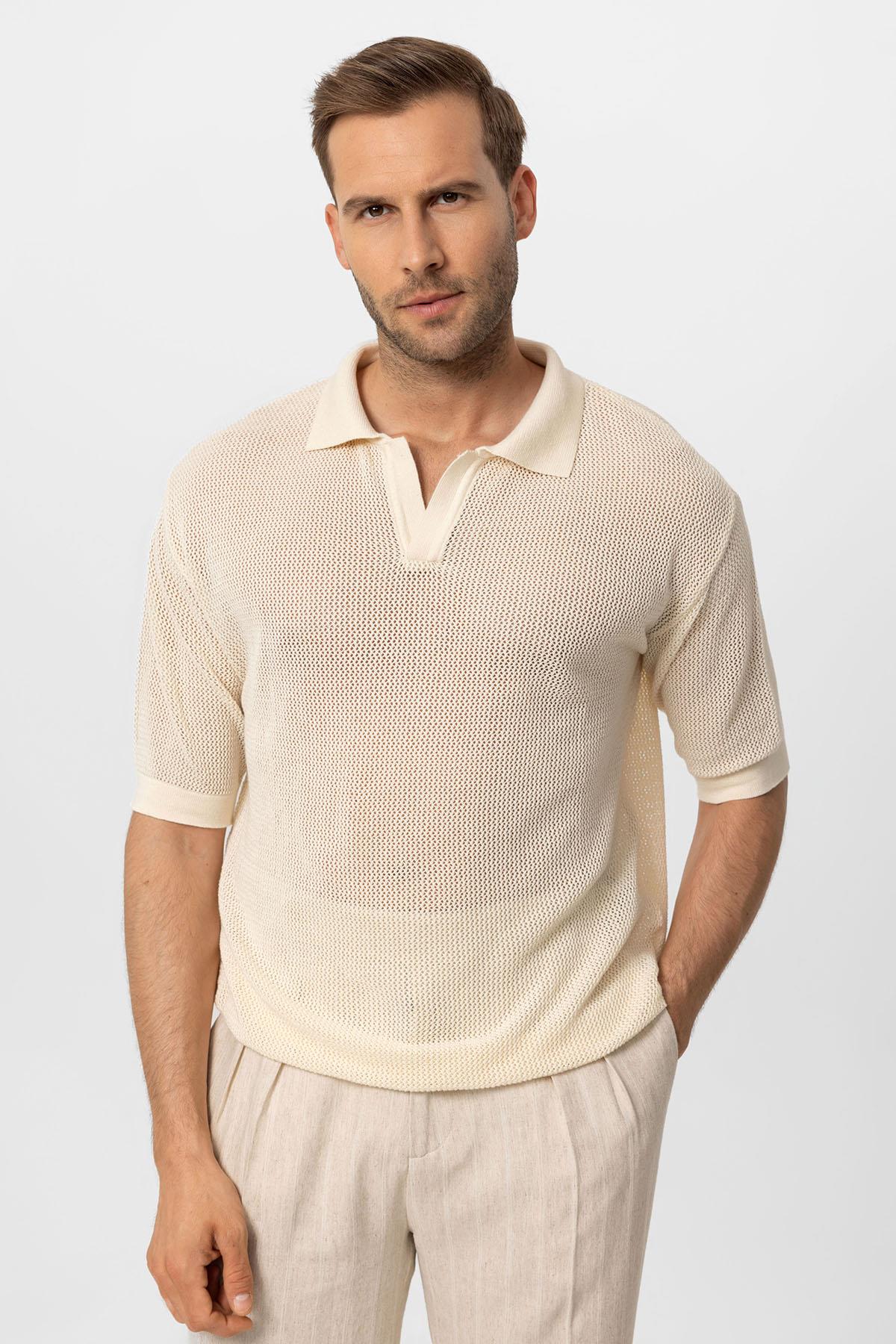 KOALA SYDNEY Men's Ecru Polo Collar Knit T-Shirt