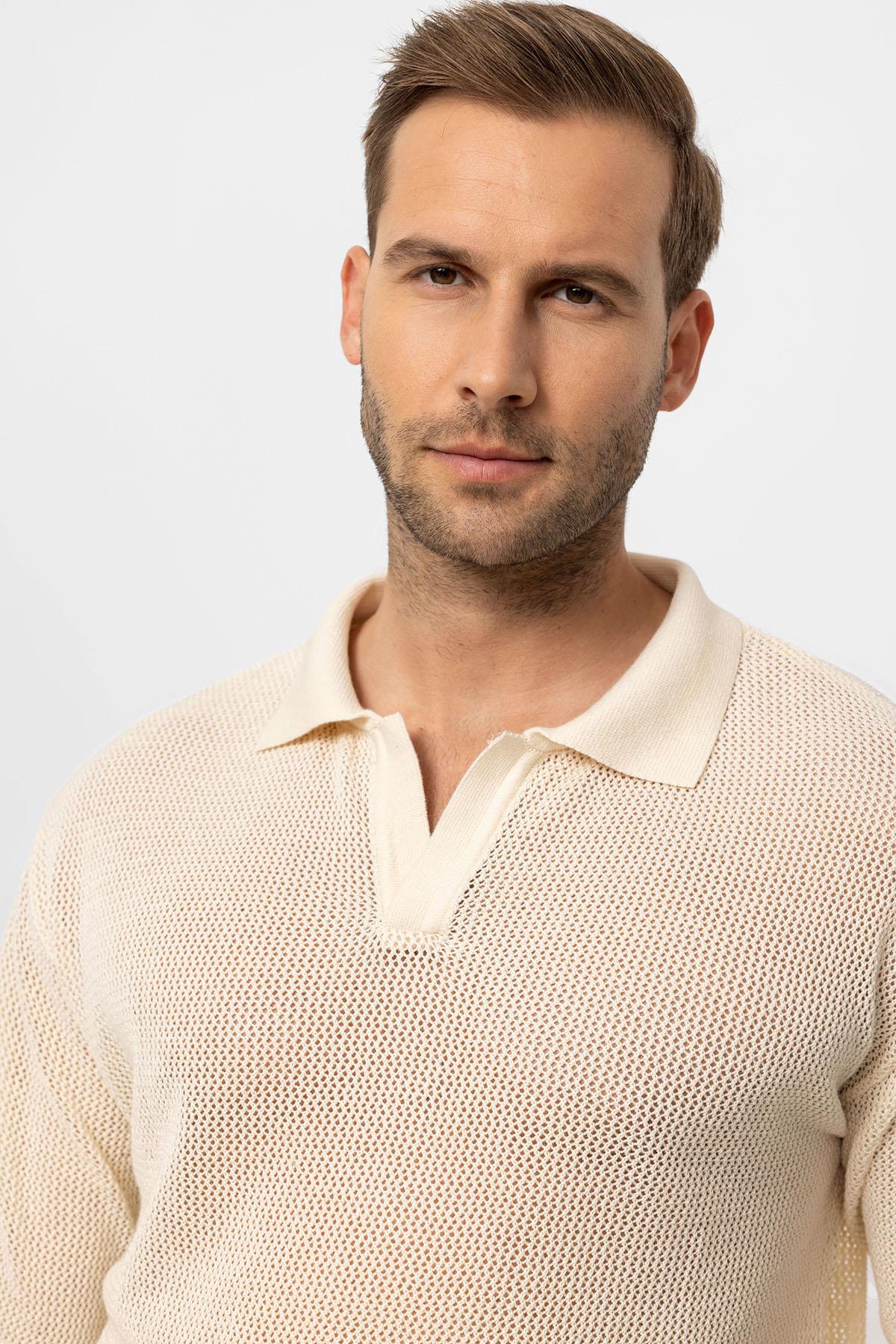 KOALA SYDNEY Men's Ecru Polo Collar Knit T-Shirt