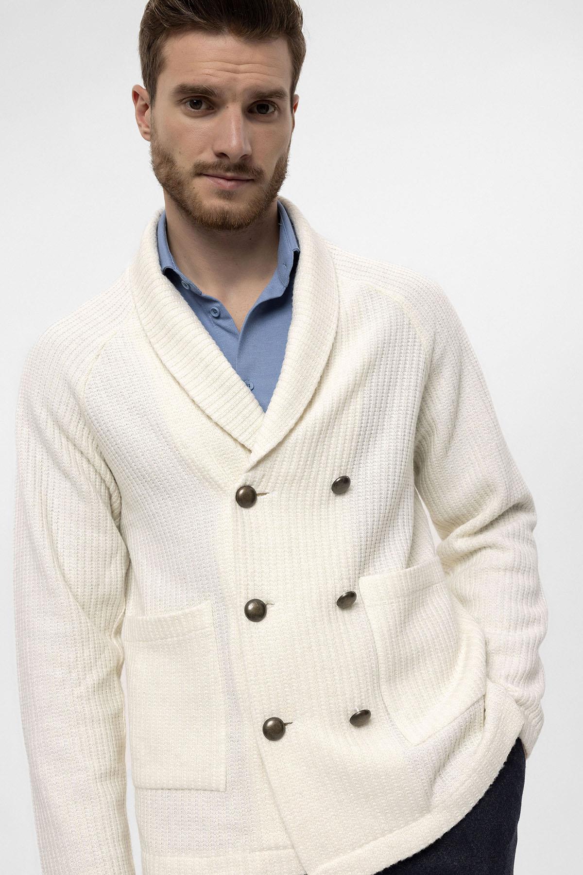 KOALA SYDNEY Ecru Shawl Collar Double-Breasted Men's Cardigan