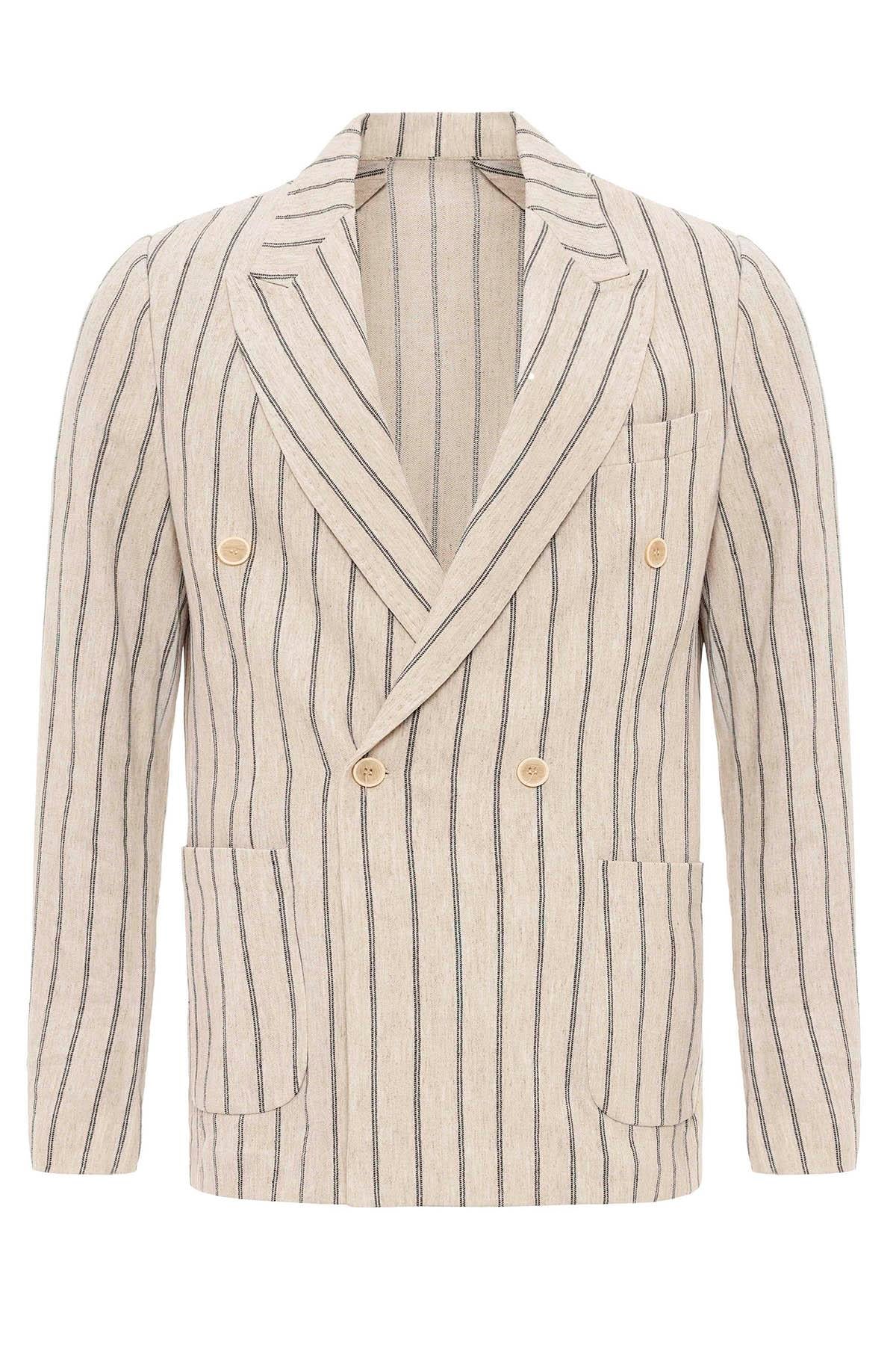 Men's Ecru-Black Linen Blend Double-Breasted Jacket