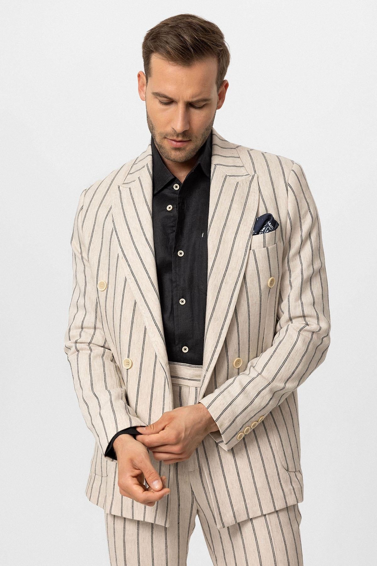 KOALA SYDNEY Men's Ecru-Black Linen Blend Double-Breasted Jacket