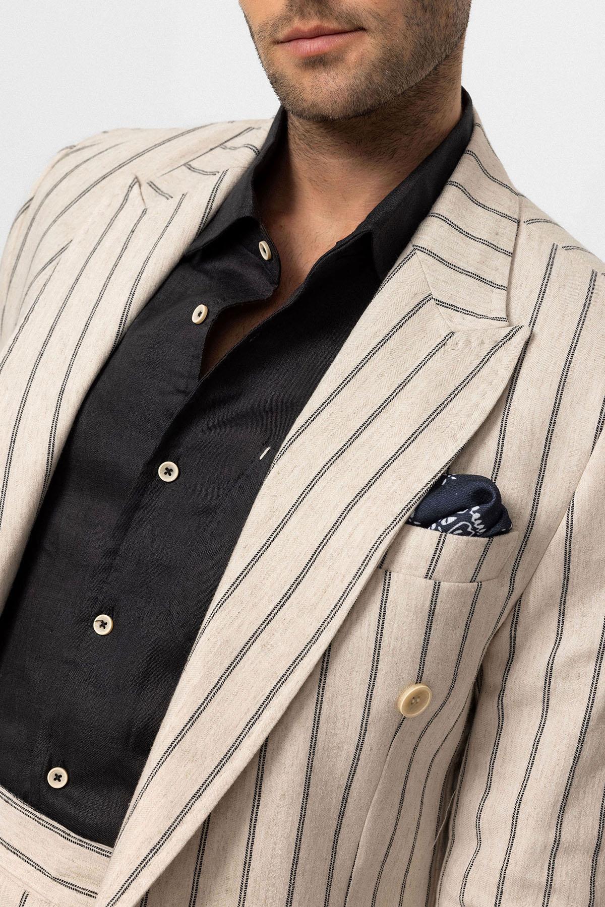 KOALA SYDNEY Men's Ecru-Black Linen Blend Double-Breasted Jacket