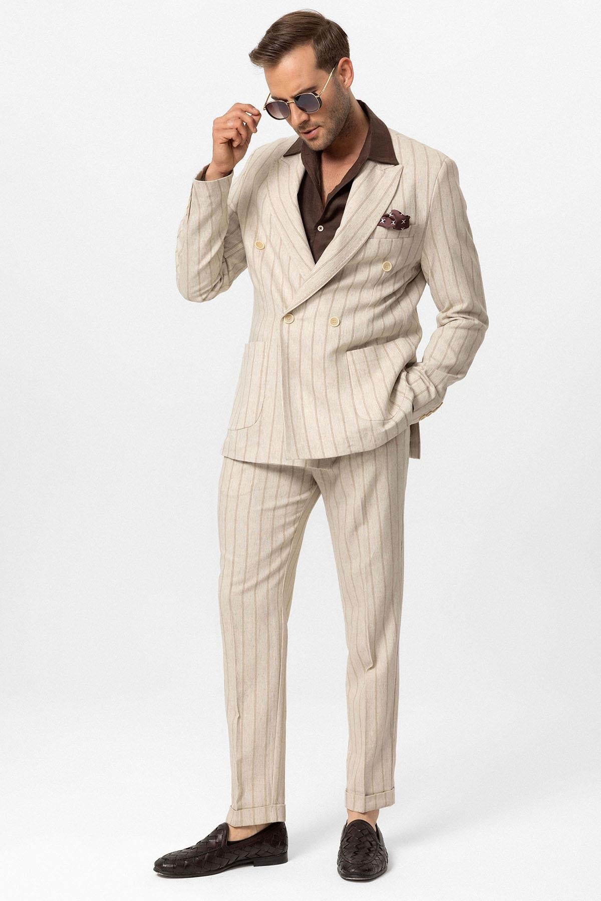 KOALA SYDNEY Men's Ecru-Mink Vizon Linen Blend Double-Breasted Jacket