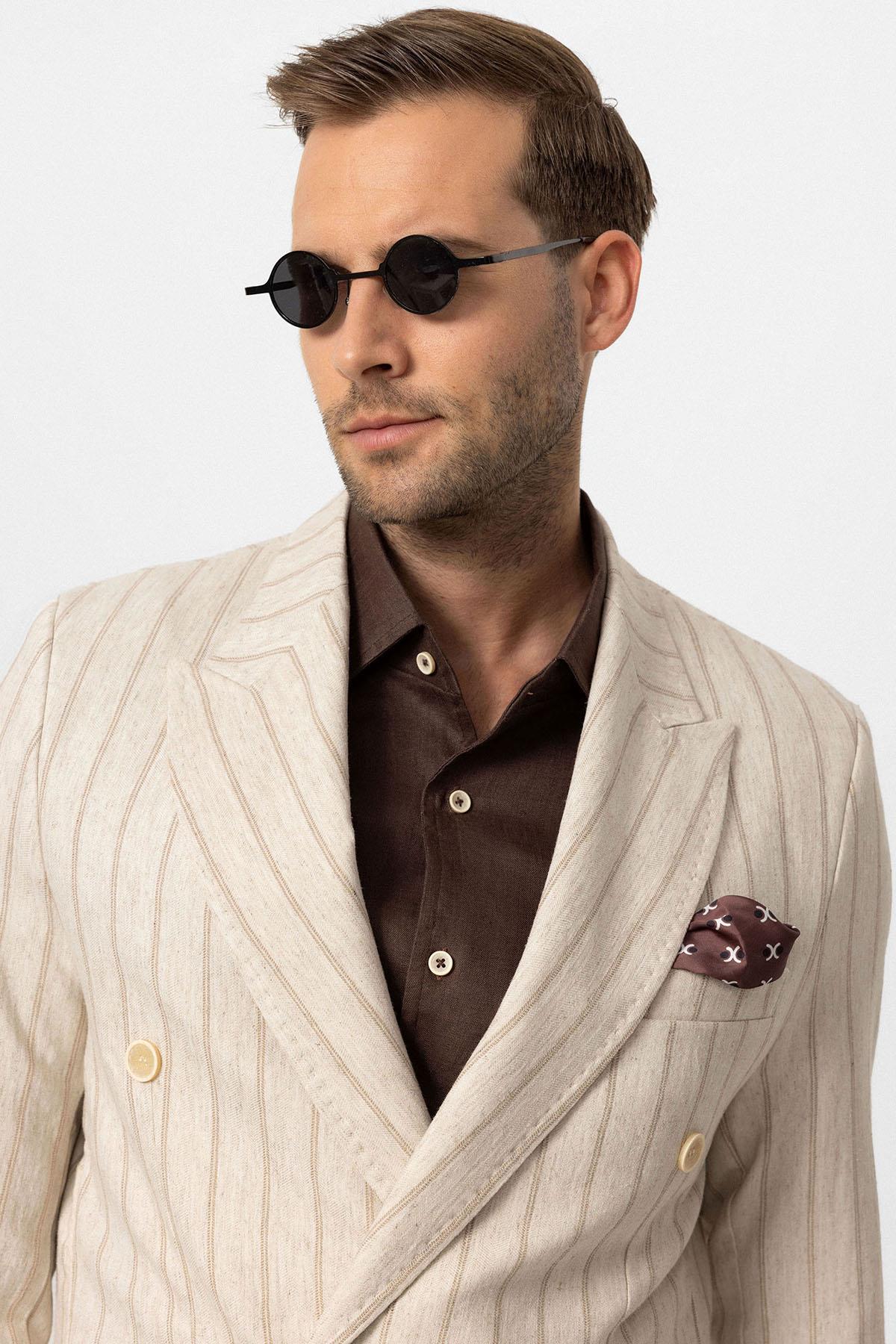 KOALA SYDNEY Men's Ecru-Mink Vizon Linen Blend Double-Breasted Jacket