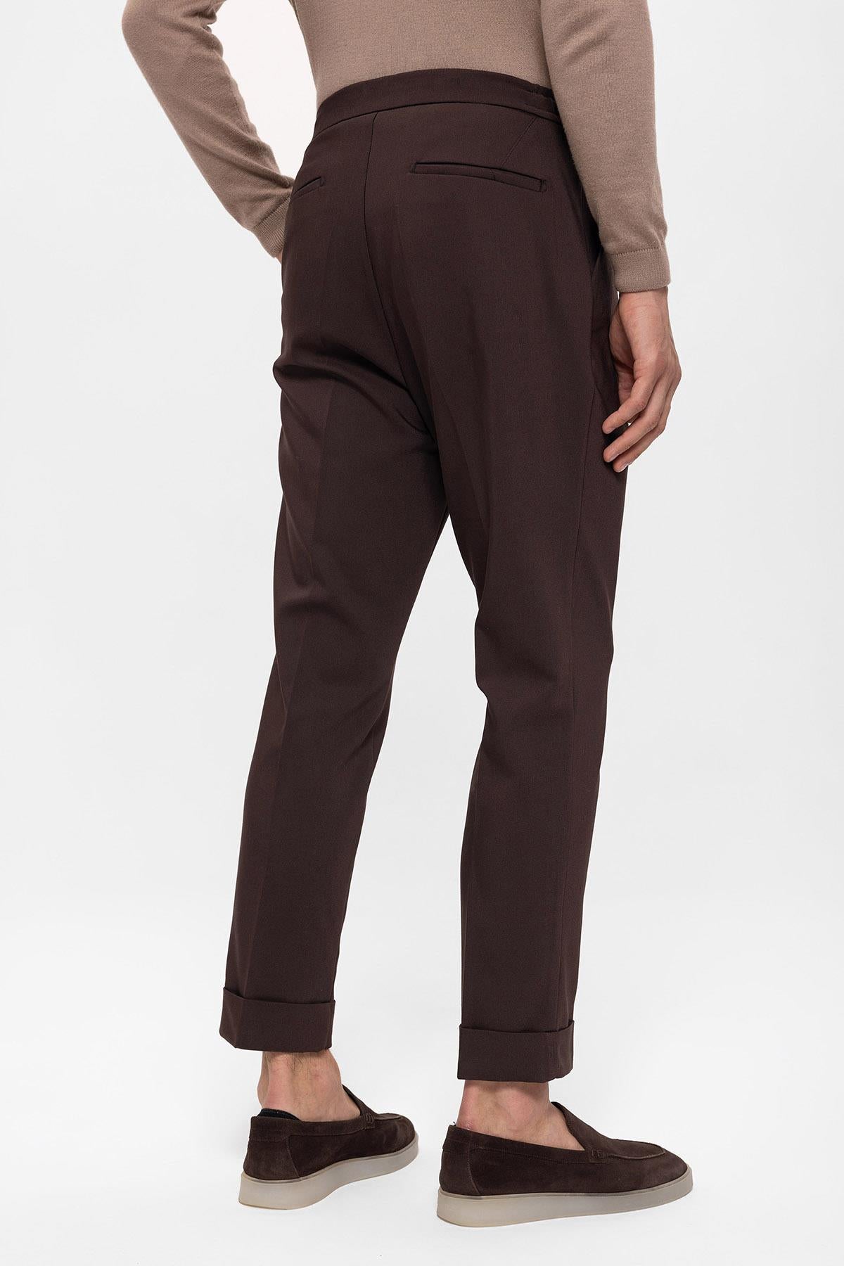 Men's Brown Elastic Waist Pleated Trousers