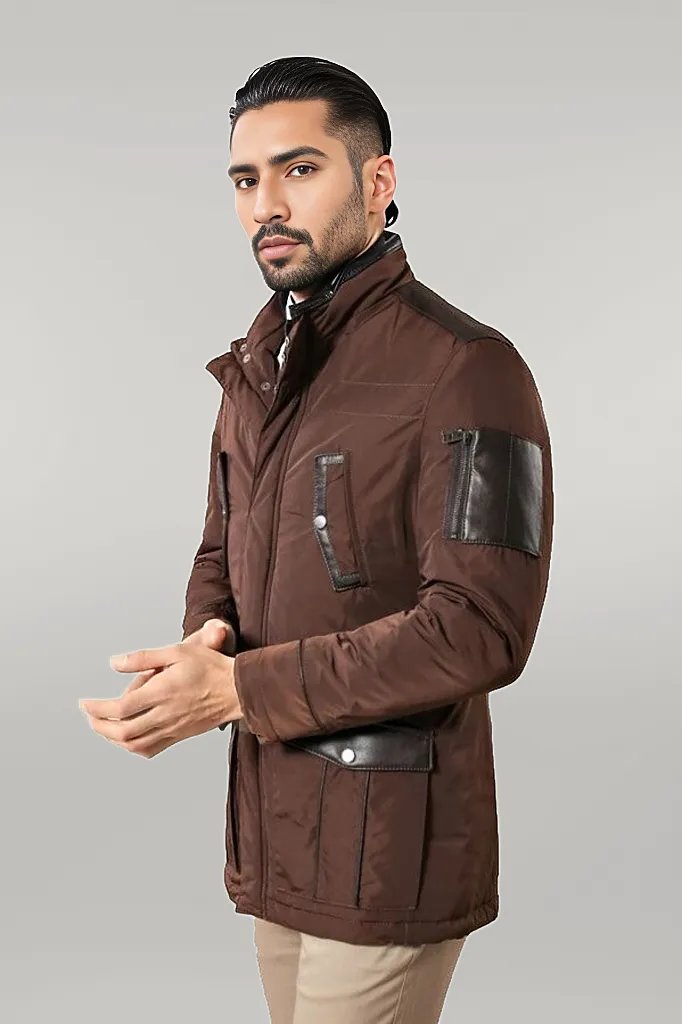 Leather Modeled Brown Slim Fit Quilted Jacket